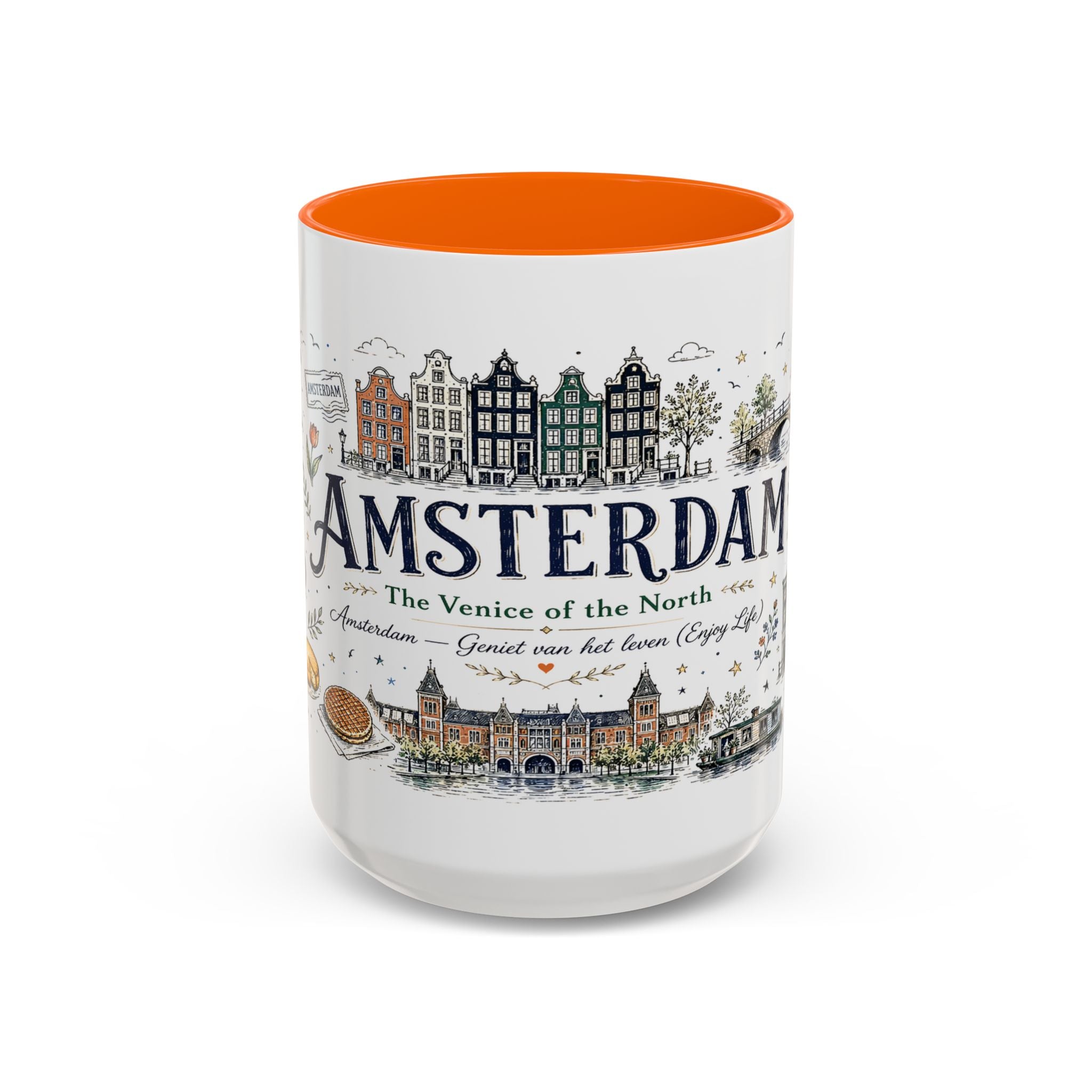 Amsterdam Coffee Mug | Netherlands Souvenir Travel Gift | Accent Color Ceramic 11oz 15oz