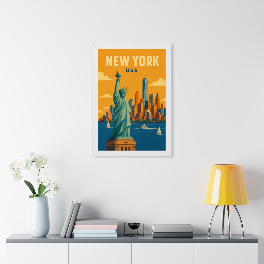 New York Statue of Liberty United States Framed Poster | Vintage Travel Wall Art | Black Walnut White Frame | 16x24 20x30