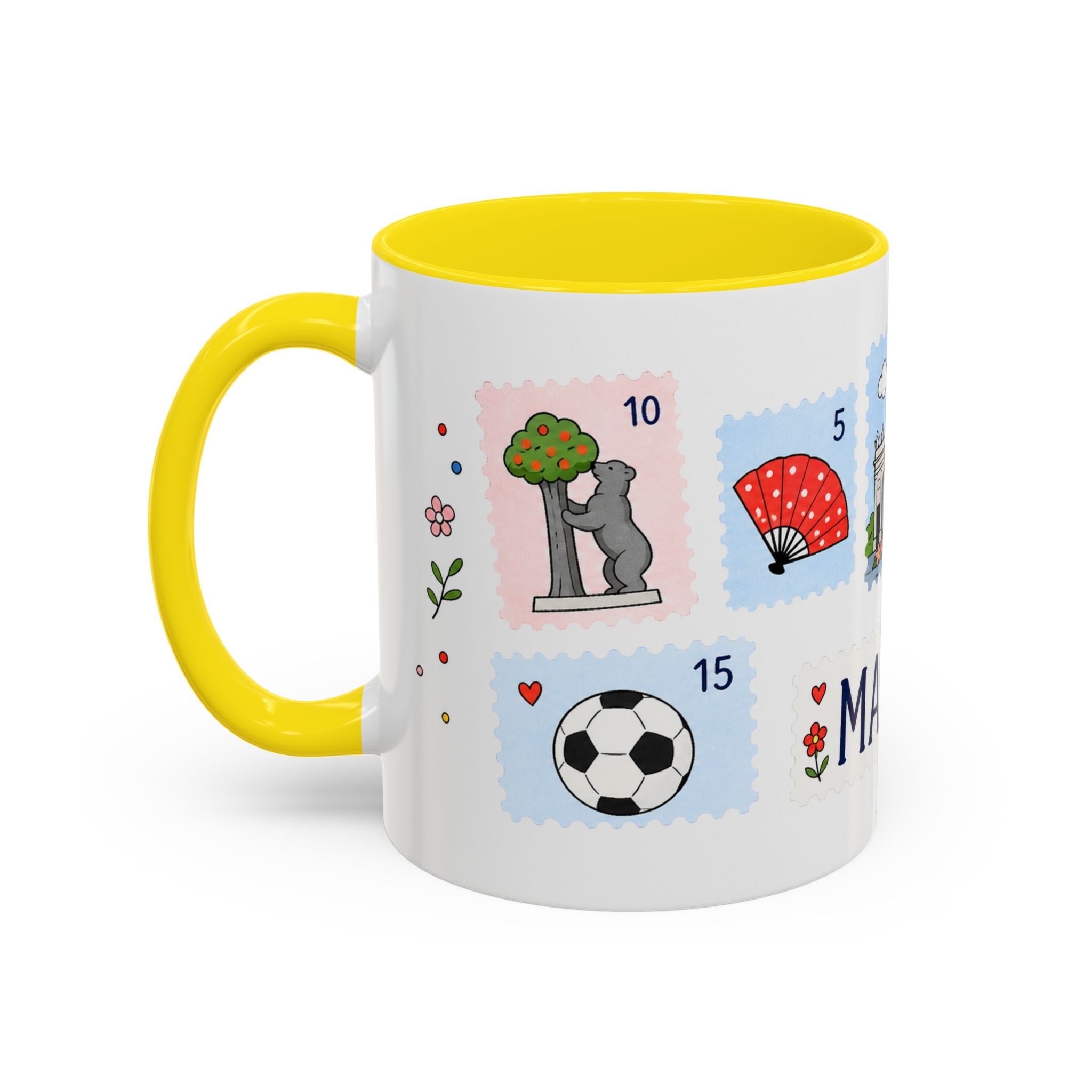 Madrid Coffee Mug | Postage Stamp Collage Mug | Travel Souvenir Accent Cup 11oz 15oz