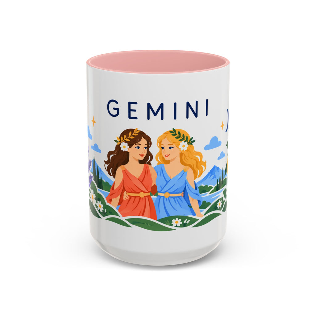 Gemini Zodiac Coffee Mug | Twins and Floral Design | Astrology Birthday Gift | 11 oz 15 oz Ceramic Accent Mug