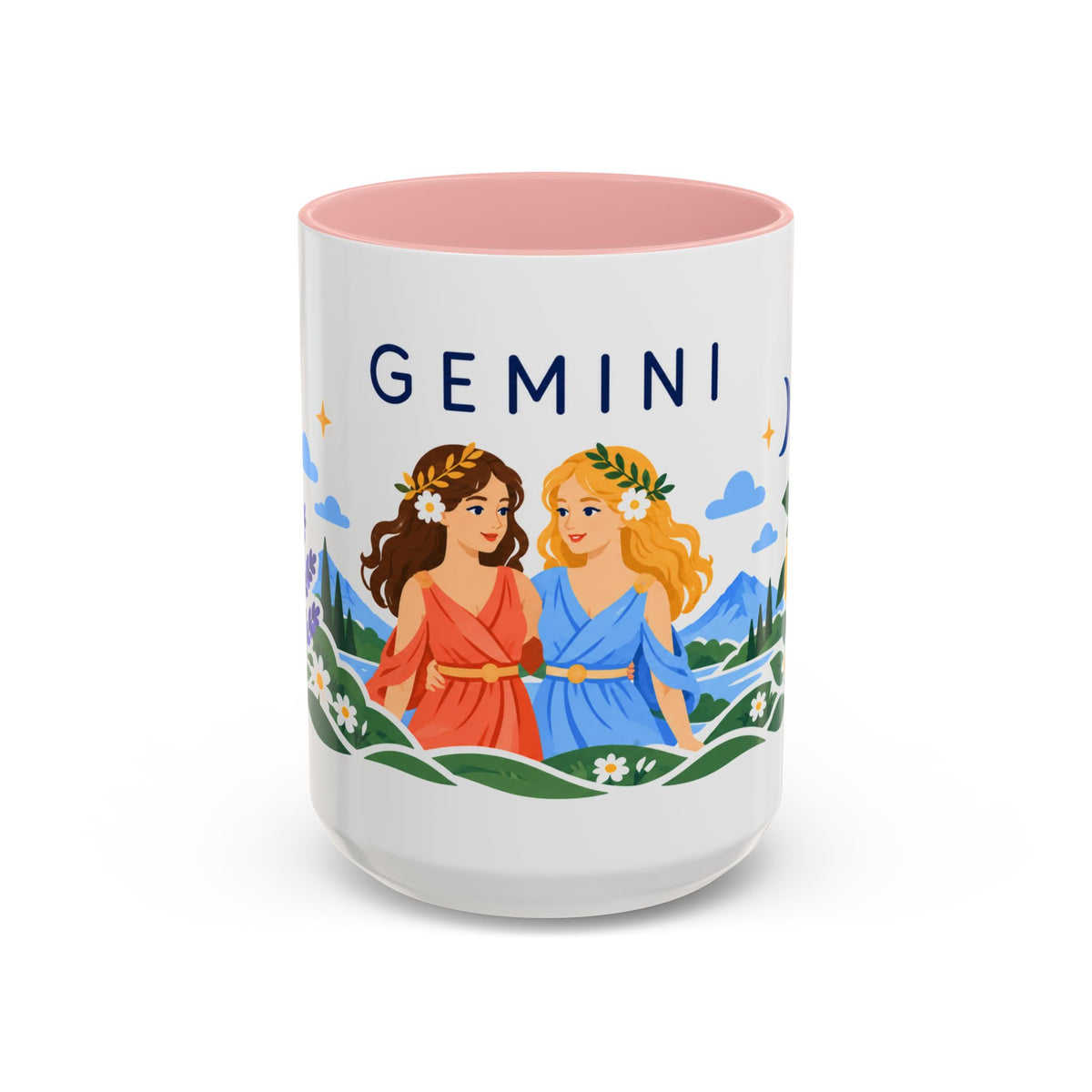 Gemini Zodiac Coffee Mug | Twins and Floral Design | Astrology Birthday Gift | 11 oz 15 oz Ceramic Accent Mug