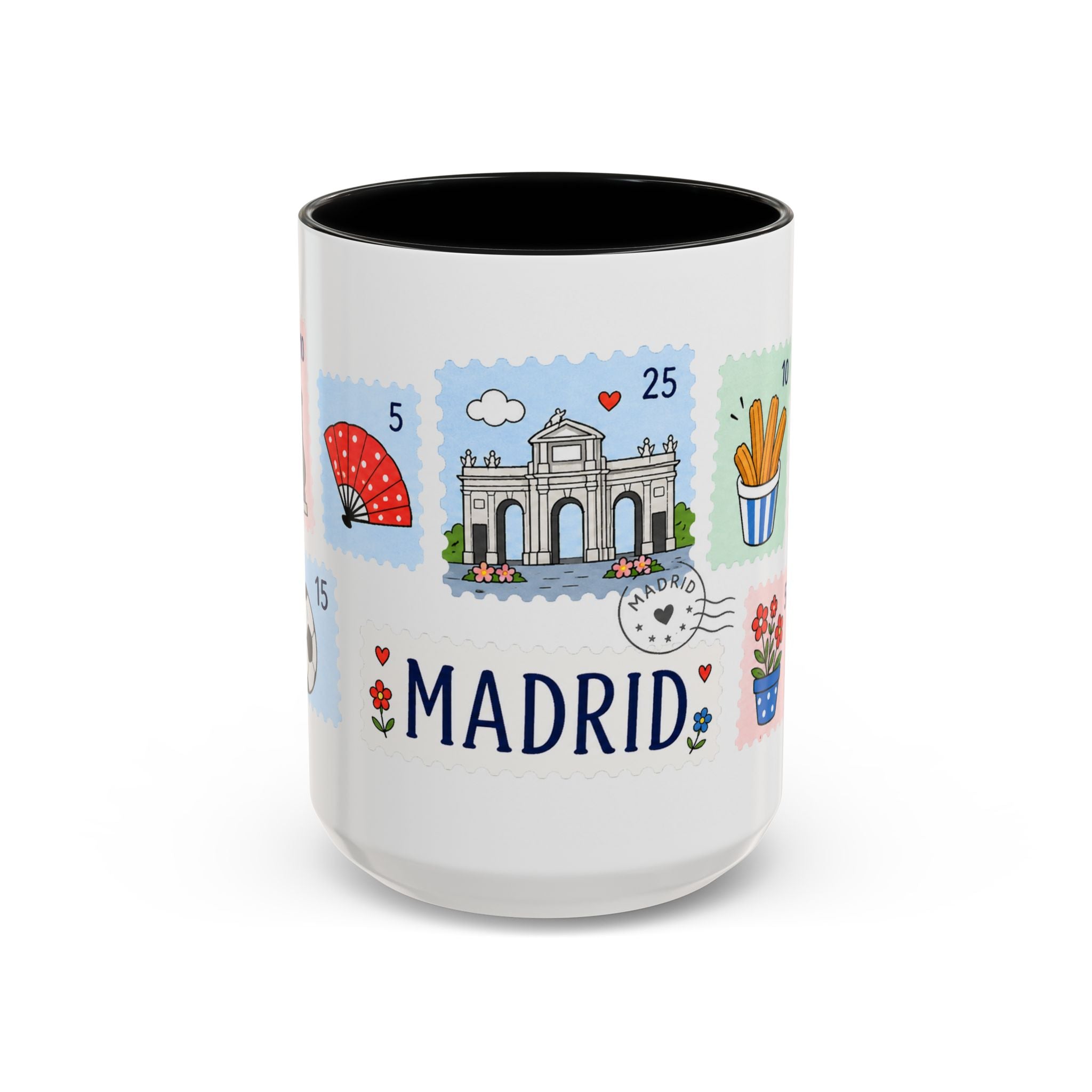 Madrid Coffee Mug | Postage Stamp Collage Mug | Travel Souvenir Accent Cup 11oz 15oz