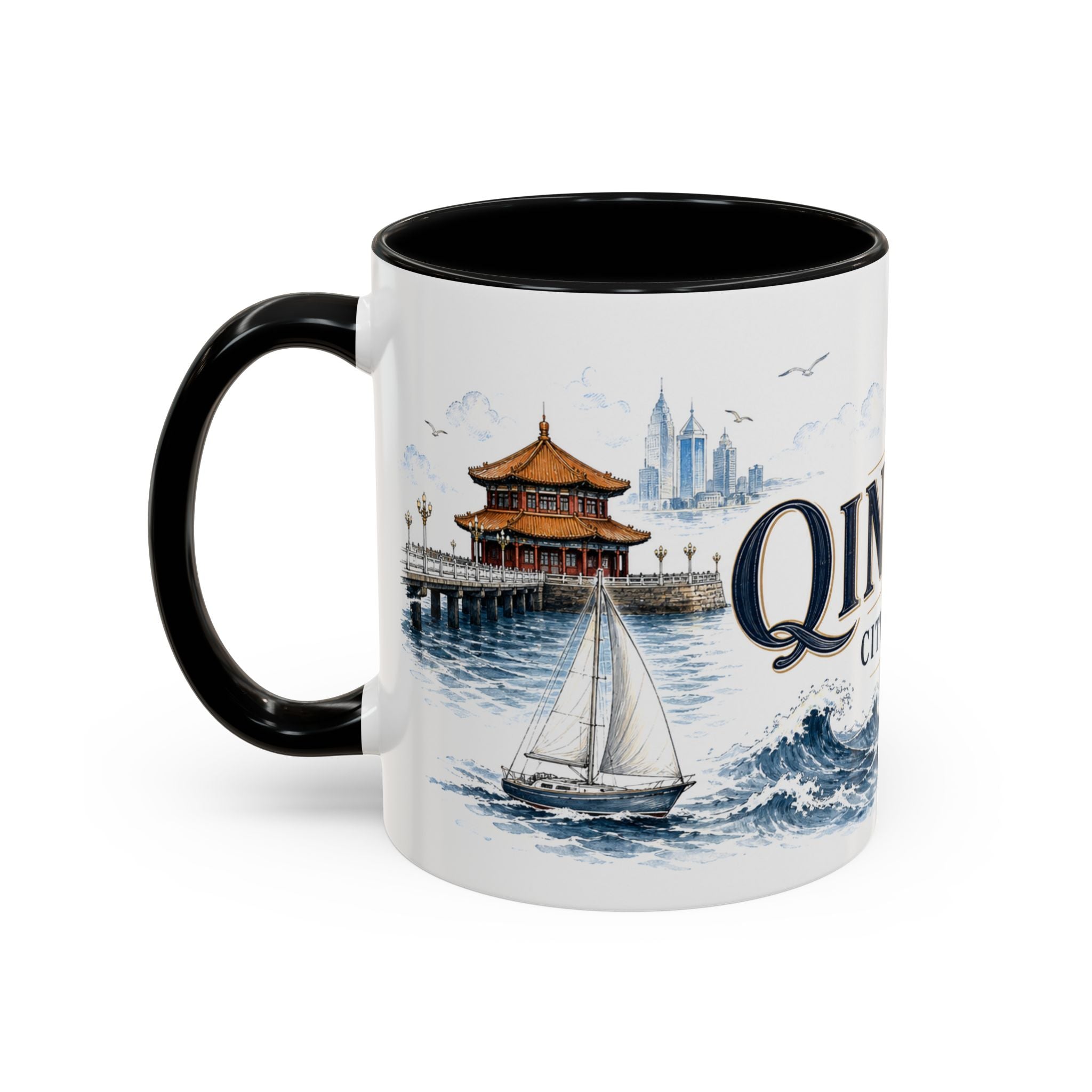 Qingdao Coffee Mug | China Travel Souvenir | Vintage Illustrated City Gift | 11 oz 15 oz Accent Mug