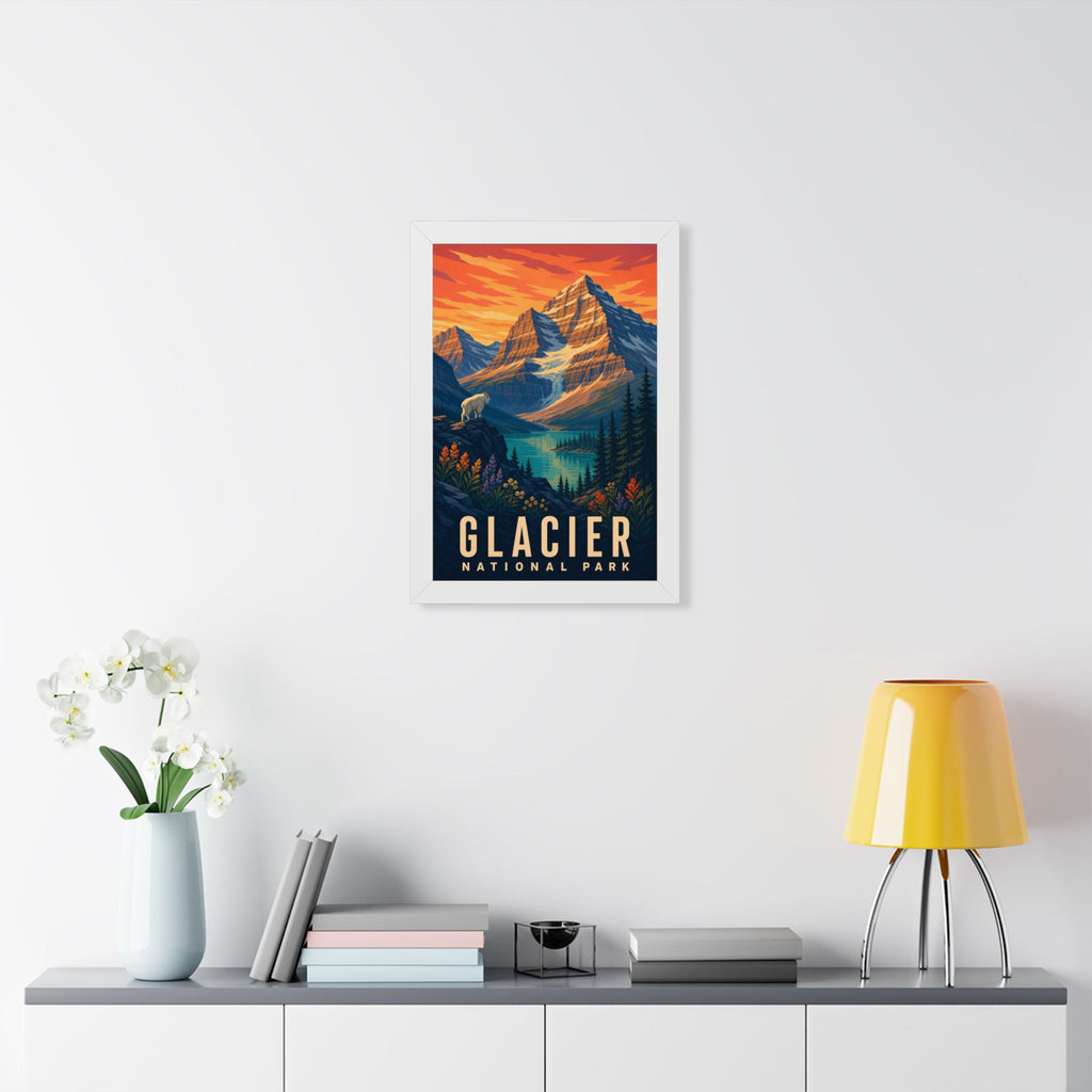Glacier National Park Framed Poster | Vintage Travel Wall Art | Black Walnut White Frame | 16x24 20x30