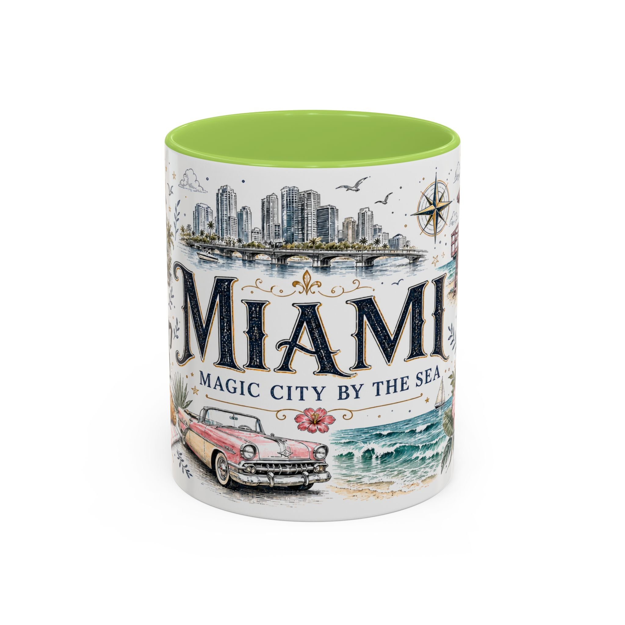 Miami Coffee Mug | United States Travel Souvenir | Vintage Illustrated City Gift | 11 oz 15 oz Accent Mug