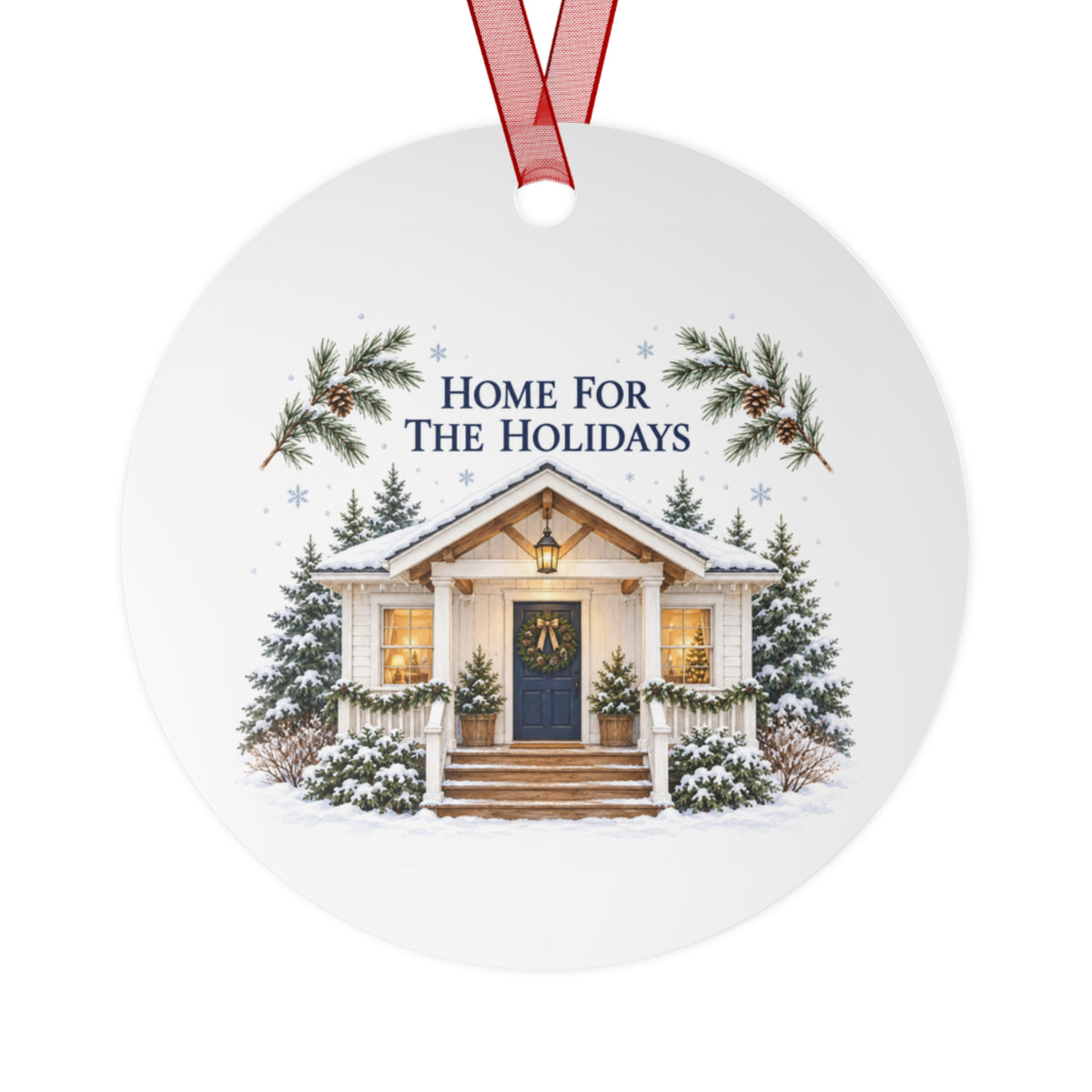 Front view of a round aluminum ornament with winter house artwork.