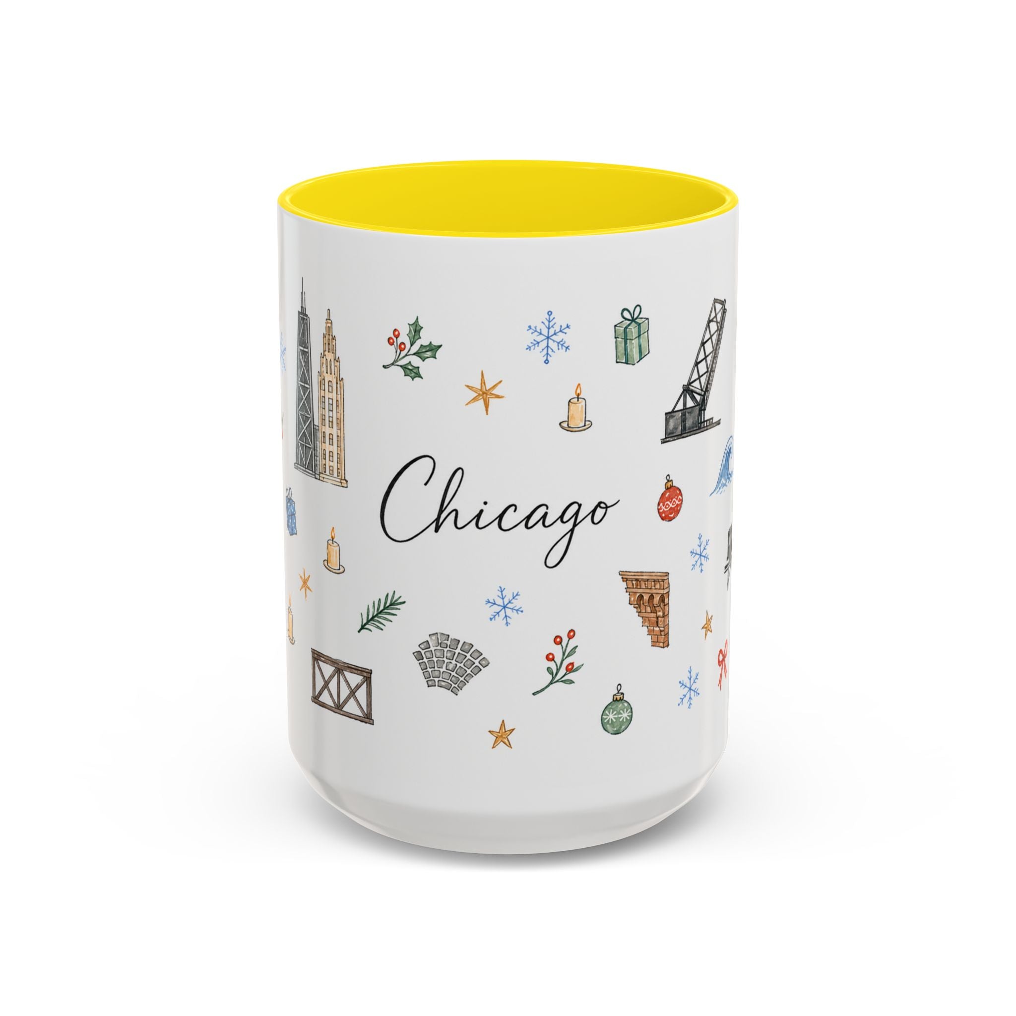 Chicago Christmas Mug | Watercolor Travel Souvenir | Holiday Gift | Accent Ceramic Coffee Cup 11oz 15oz