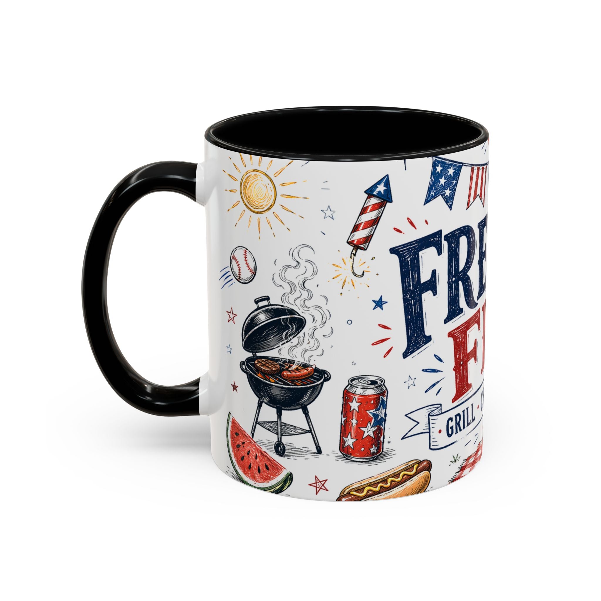 Freedom Fest Coffee Mug | Grill Chill Fireworks 4th of July | Accent Color Ceramic 11oz 15oz