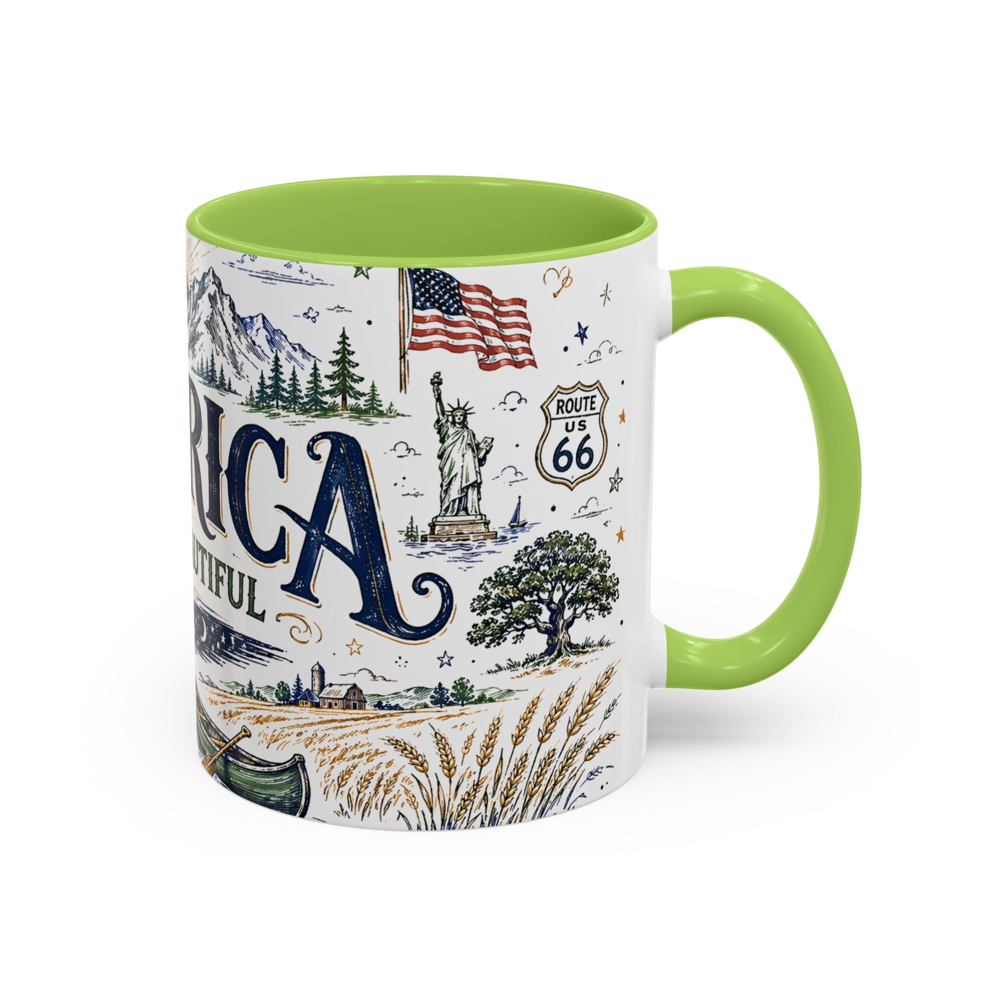 America the Beautiful Coffee Mug | Patriotic USA Gift | Accent Color Ceramic 11oz 15oz