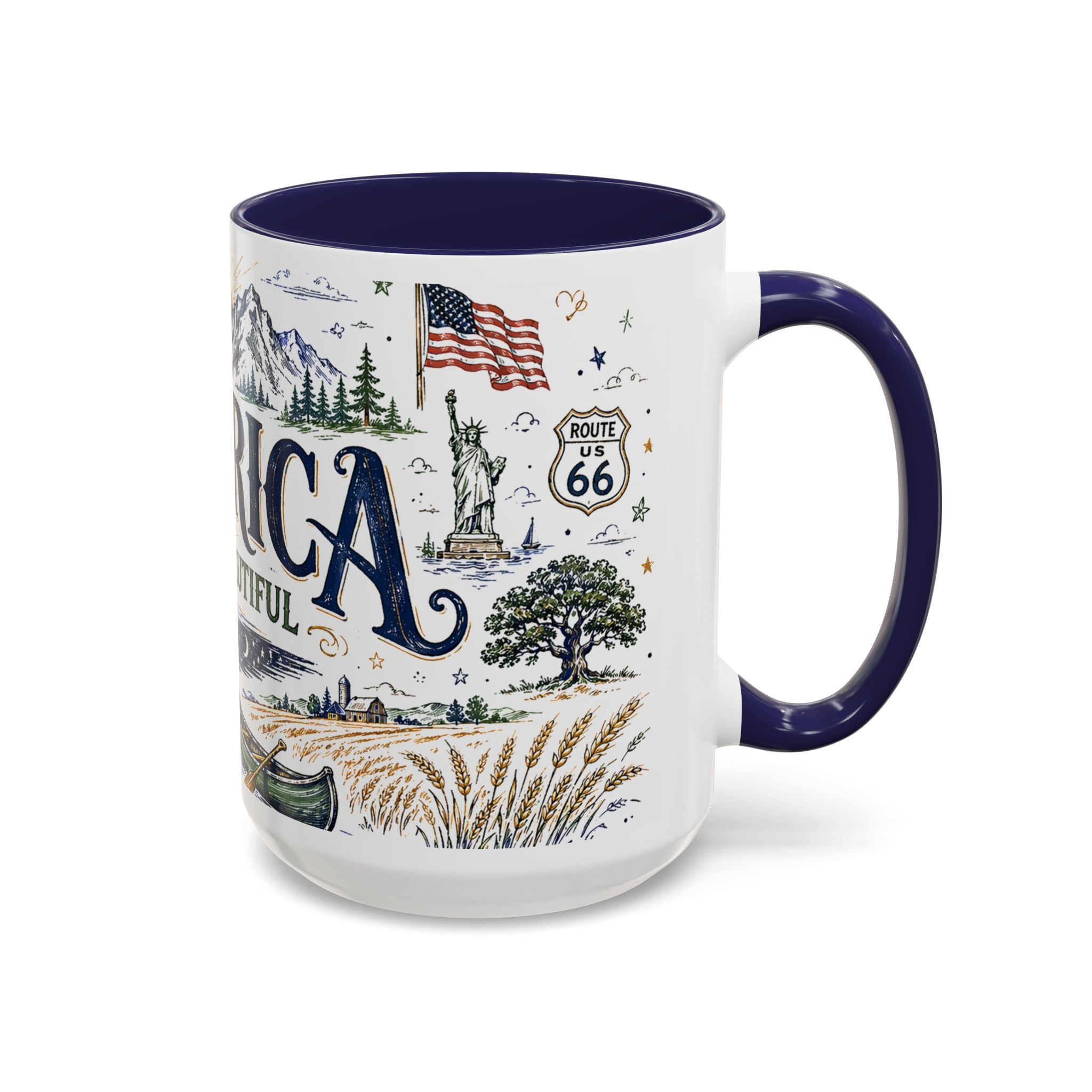 America the Beautiful Coffee Mug | Patriotic USA Gift | Accent Color Ceramic 11oz 15oz