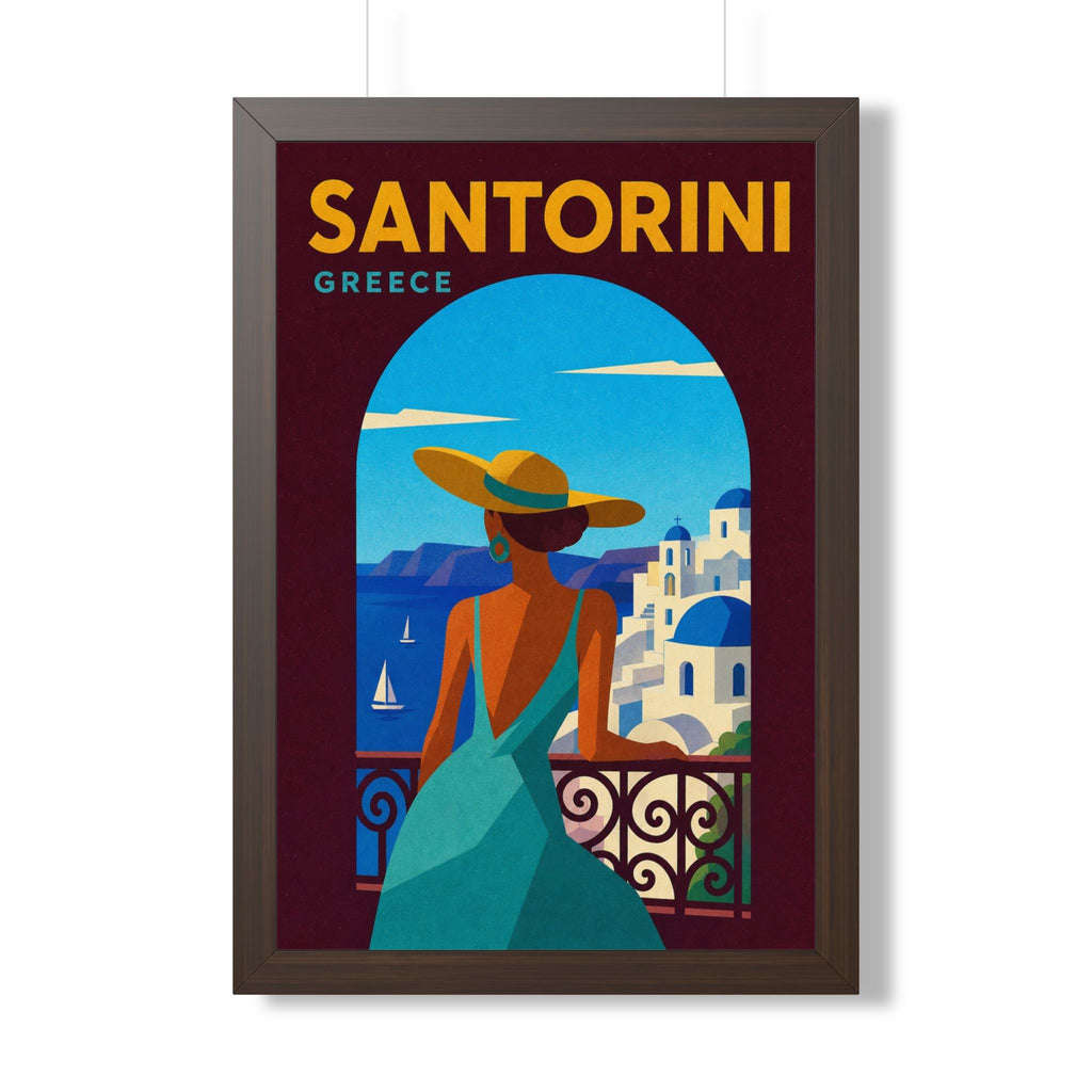 Santorini Greece Framed Poster | Vintage Travel Wall Art | Black Walnut White Frame | 16x24 20x30