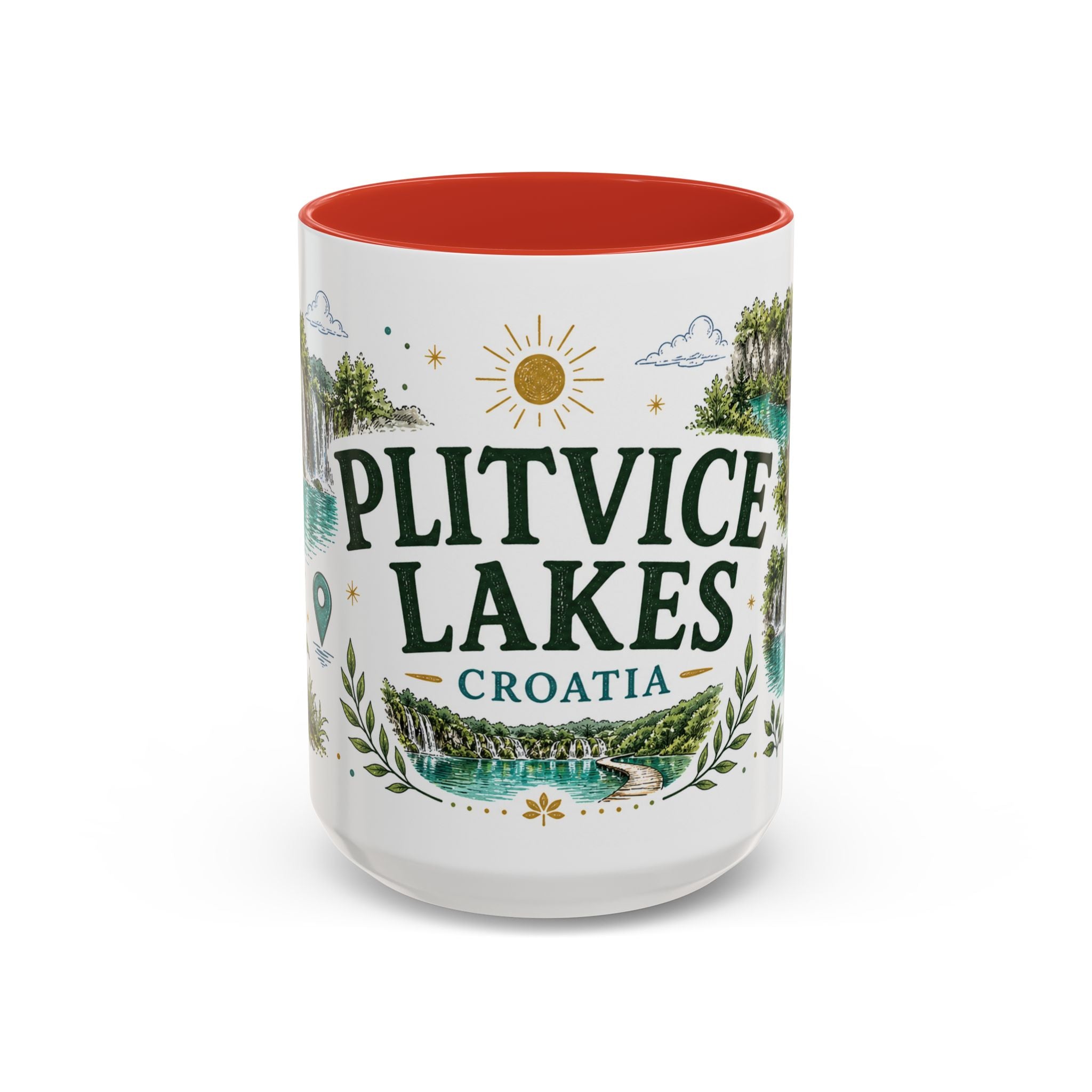 Plitvice Lakes Coffee Mug | Travel Destination Souvenir Gift | Accent Color Ceramic 11oz 15oz
