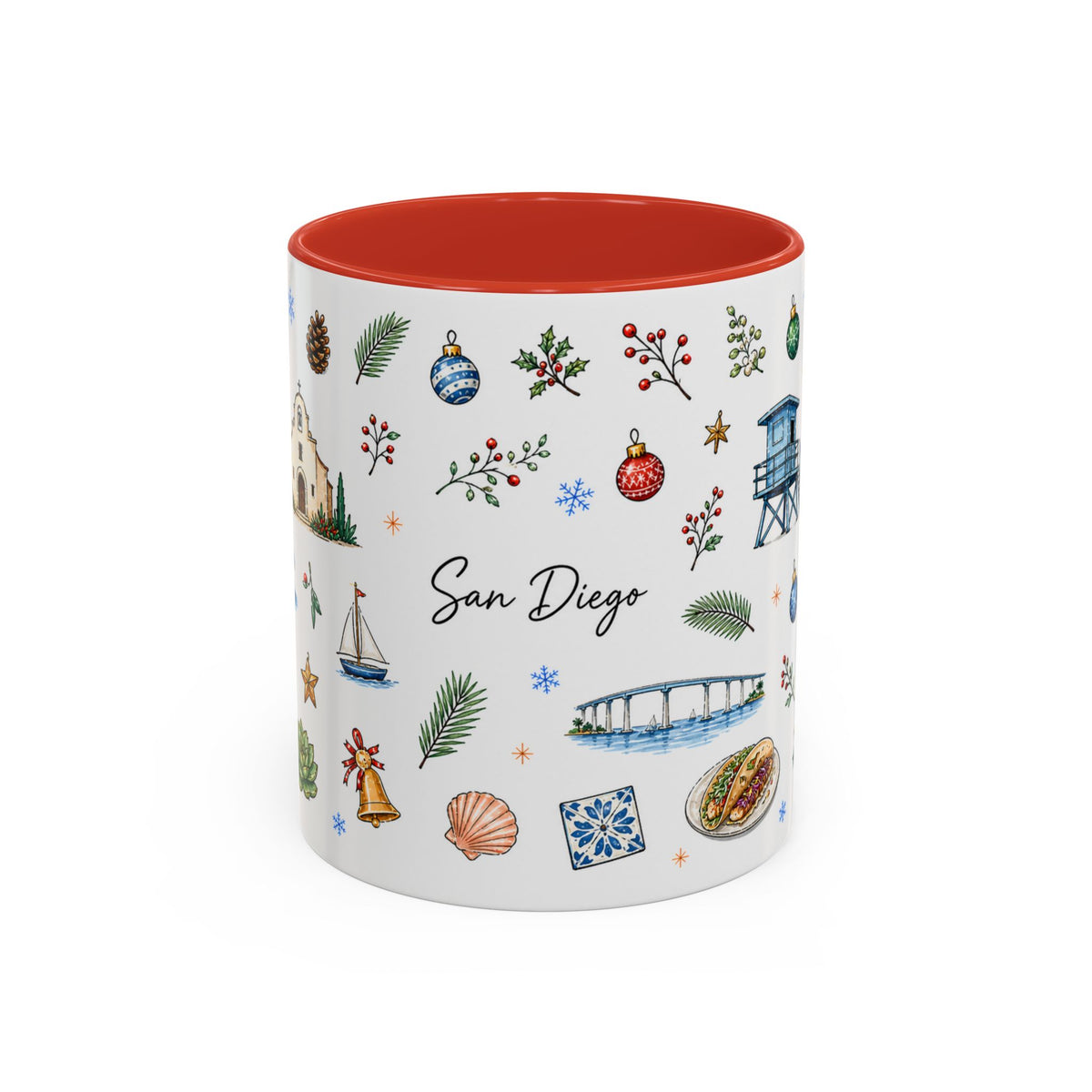 San Diego Christmas Mug | Watercolor City Souvenir, Holiday Travel Gift (11oz/15oz)