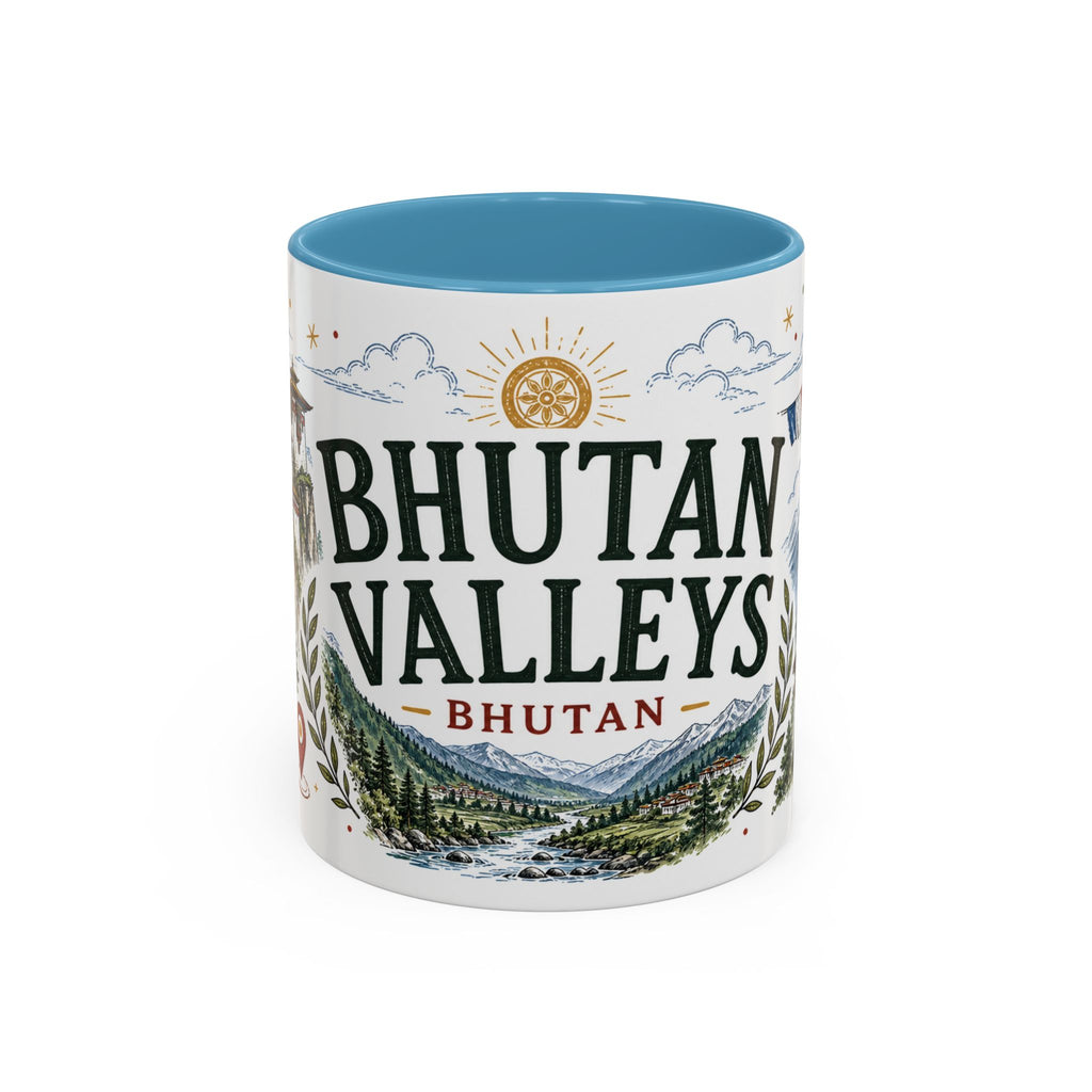 Bhutan Valleys Coffee Mug | Travel Destination Souvenir Gift | Accent Color Ceramic 11oz 15oz