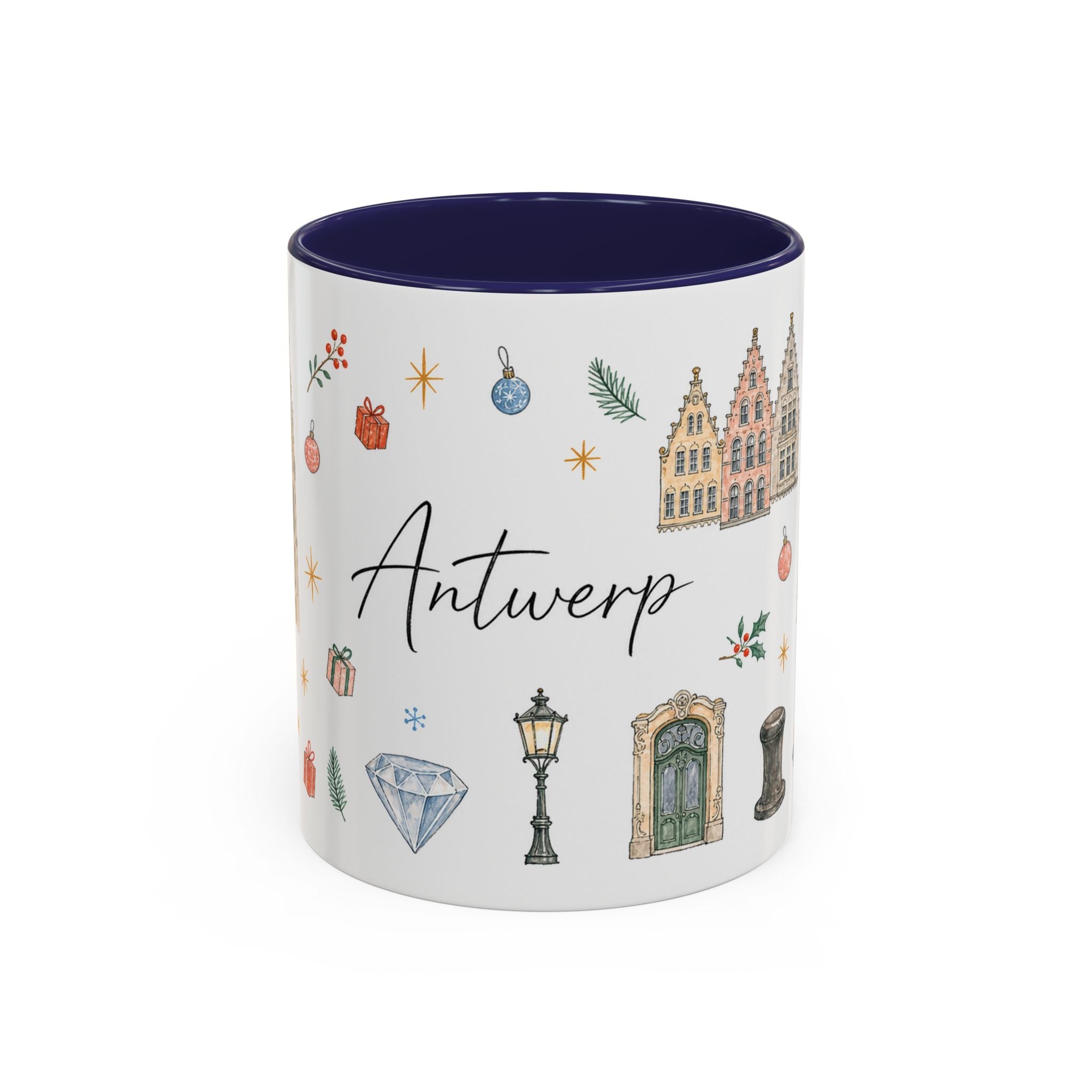 Antwerp Christmas Mug | Watercolor Travel Souvenir | Holiday Gift | Accent Ceramic Coffee Cup 11oz 15oz