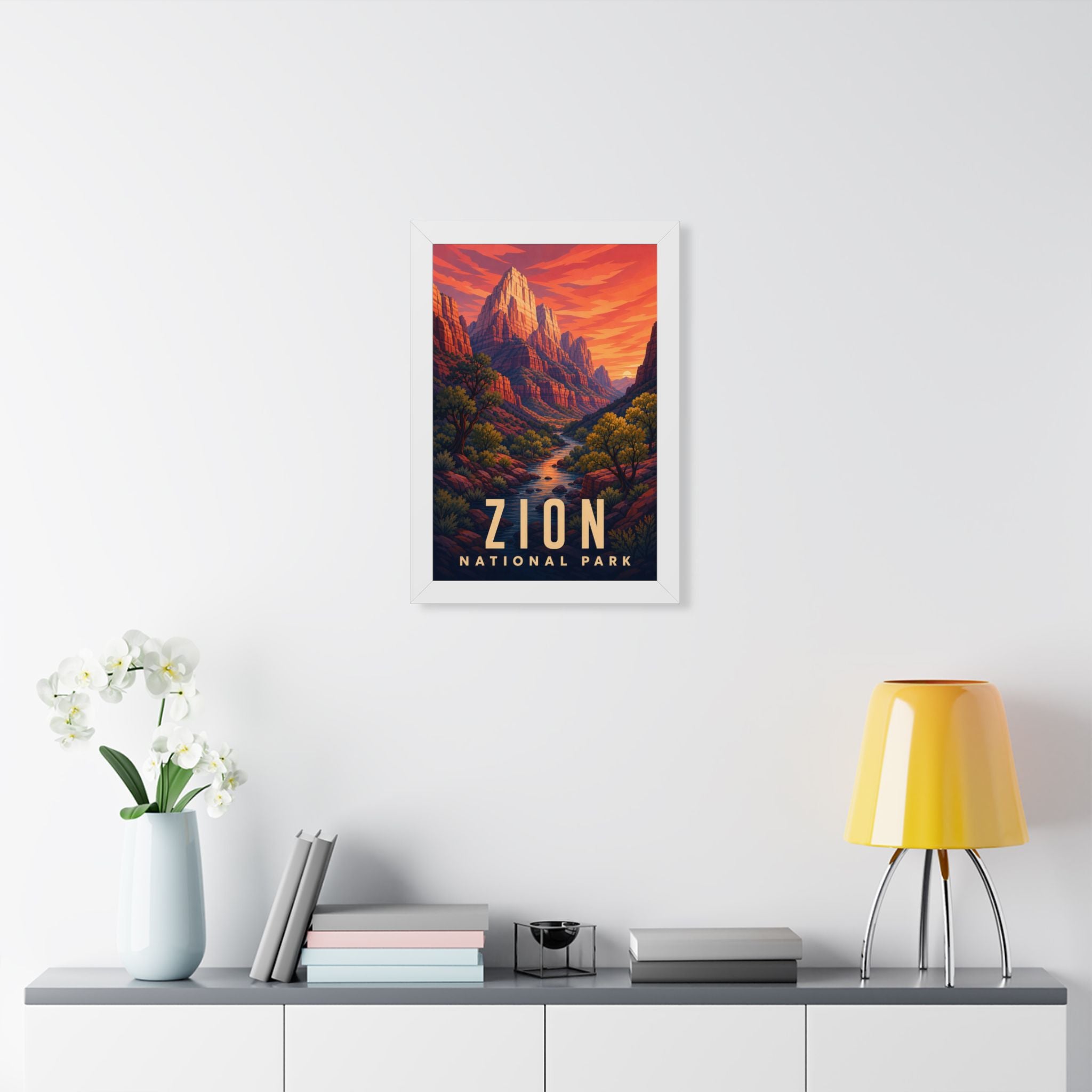 Zion National Park Framed Poster | Vintage Travel Wall Art | Black Walnut White Frame | 16x24 20x30