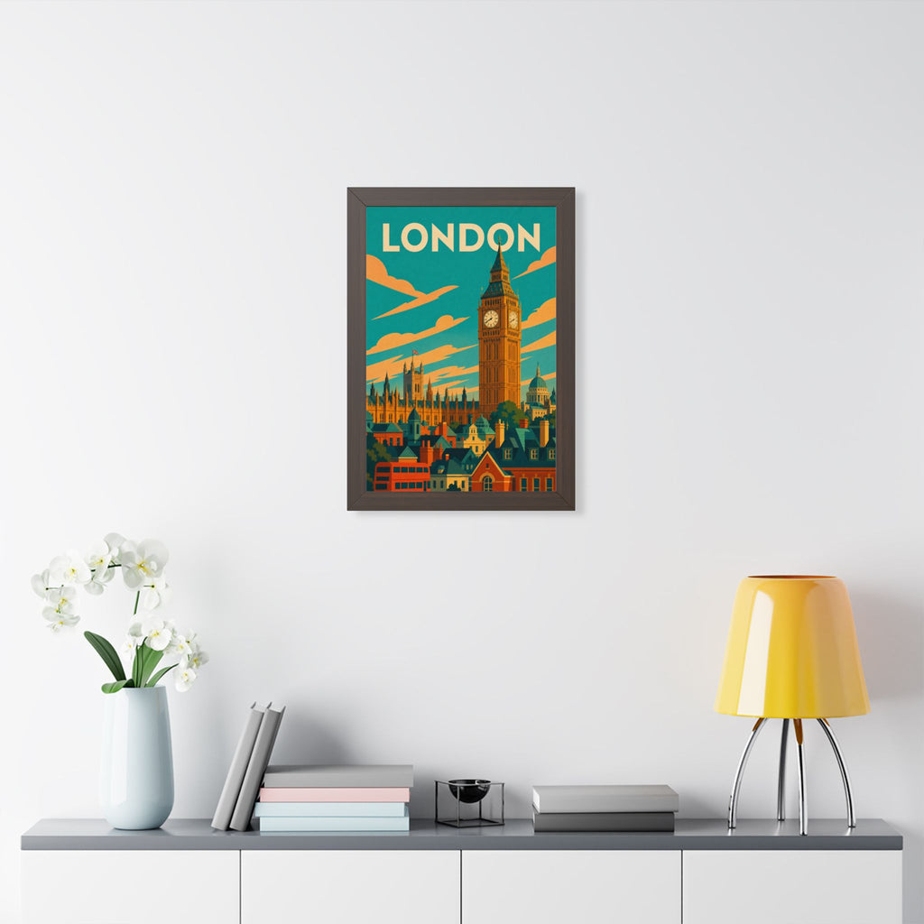 London Big Ben United Kingdom Framed Poster | Vintage Travel Wall Art | Black Walnut White Frame | 16x24 20x30