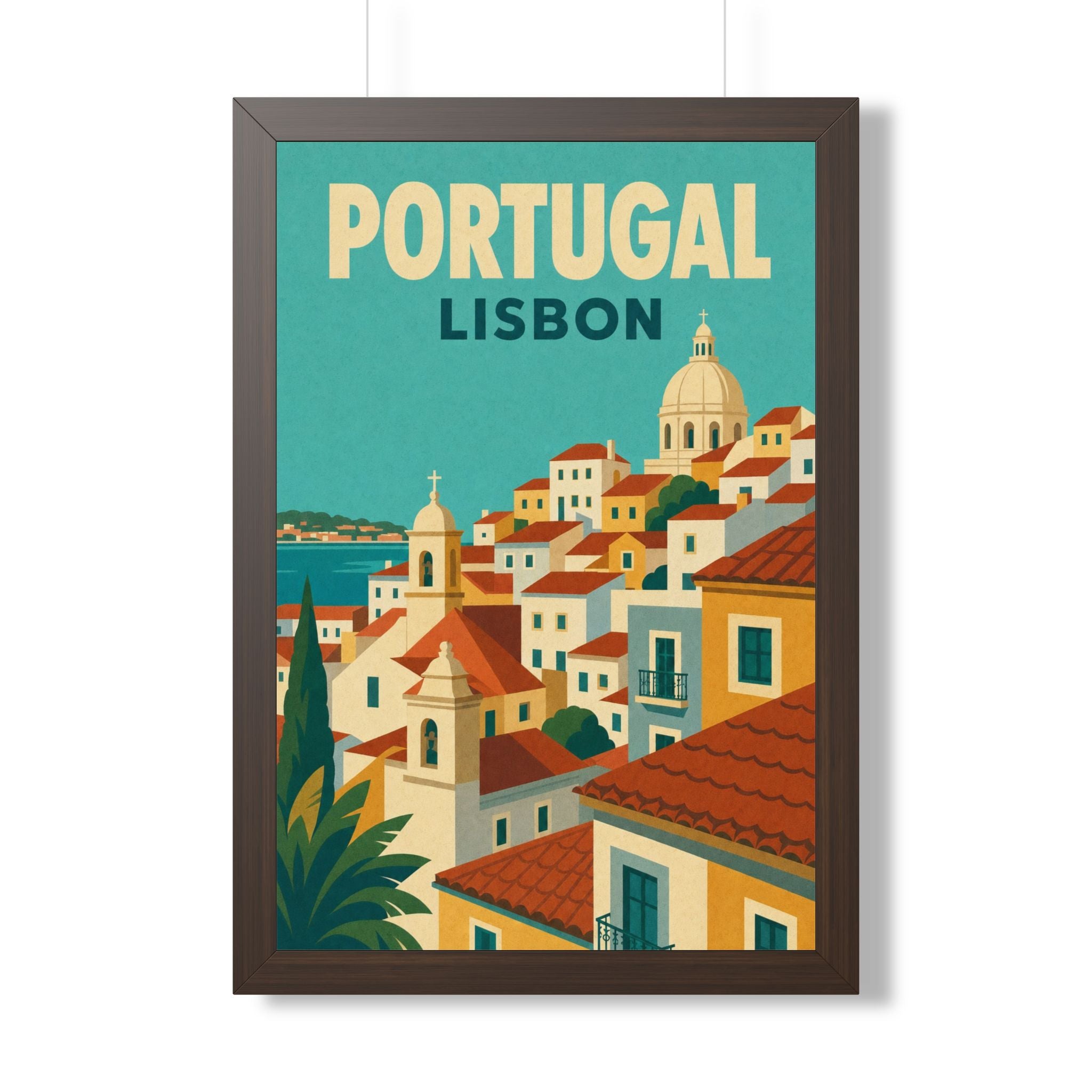 Lisbon Portugal Framed Poster | Vintage Travel Wall Art | Black Walnut White Frame | 16x24 20x30