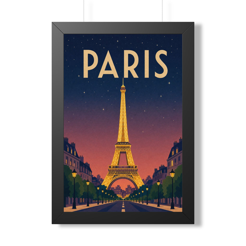 Paris at Night France Framed Poster | Vintage Travel Wall Art | Black Walnut White Frame | 16x24 20x30