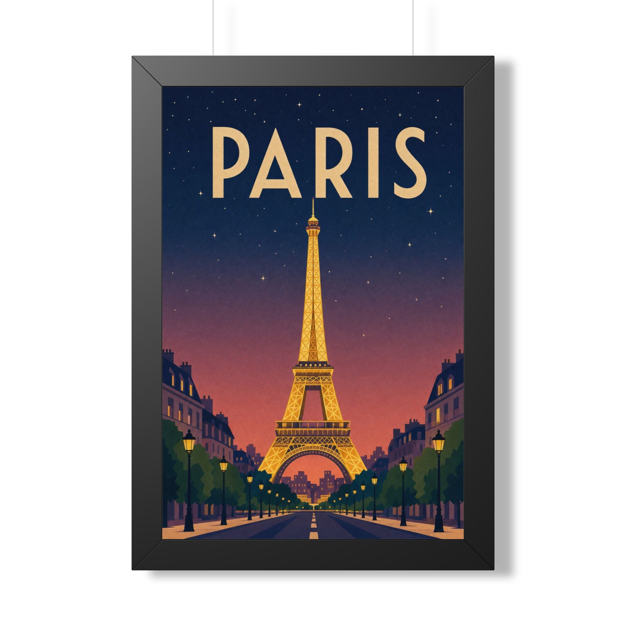 Paris at Night France Framed Poster | Vintage Travel Wall Art | Black Walnut White Frame | 16x24 20x30