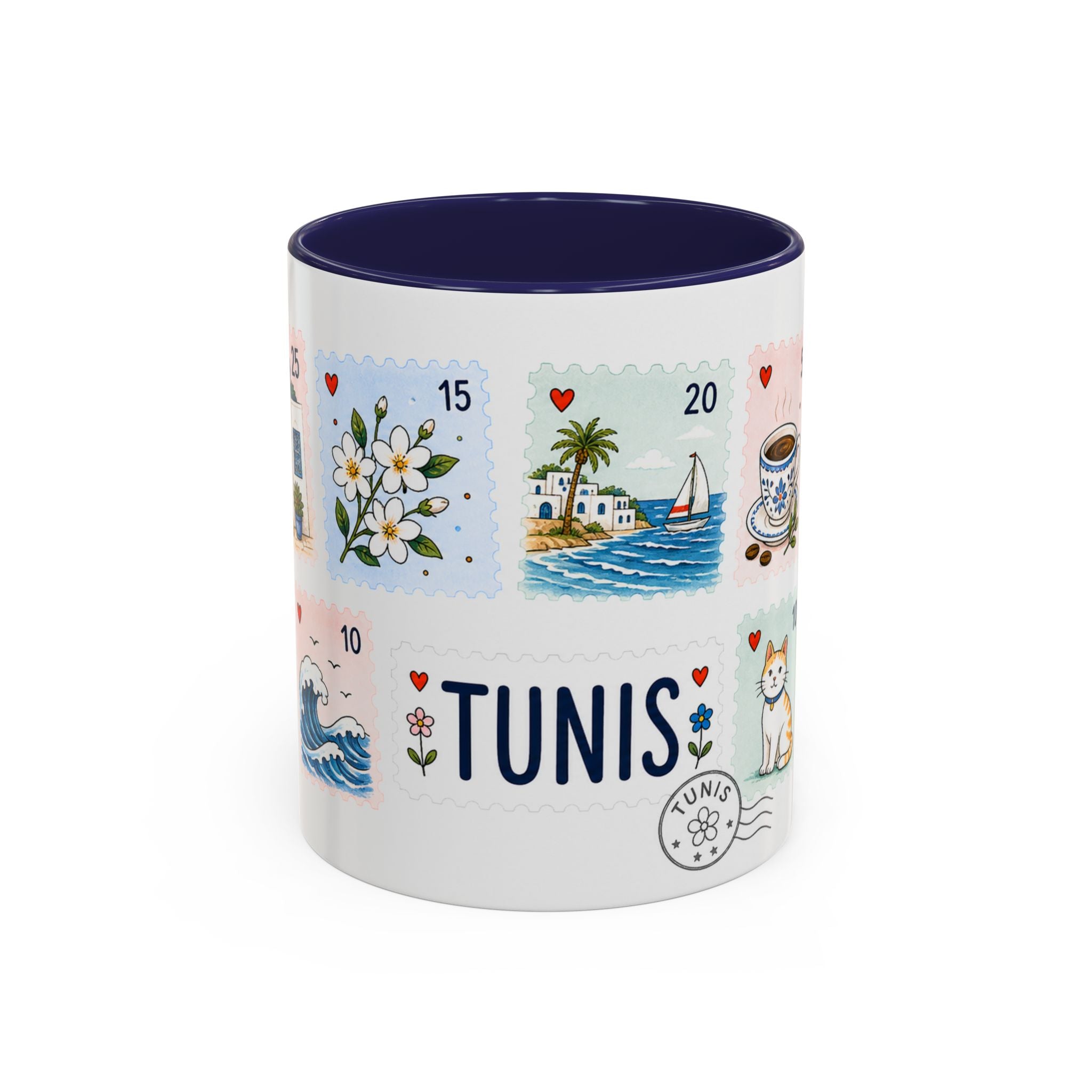 Tunis Coffee Mug | Postage Stamp Collage Mug | Travel Souvenir Accent Cup 11oz 15oz