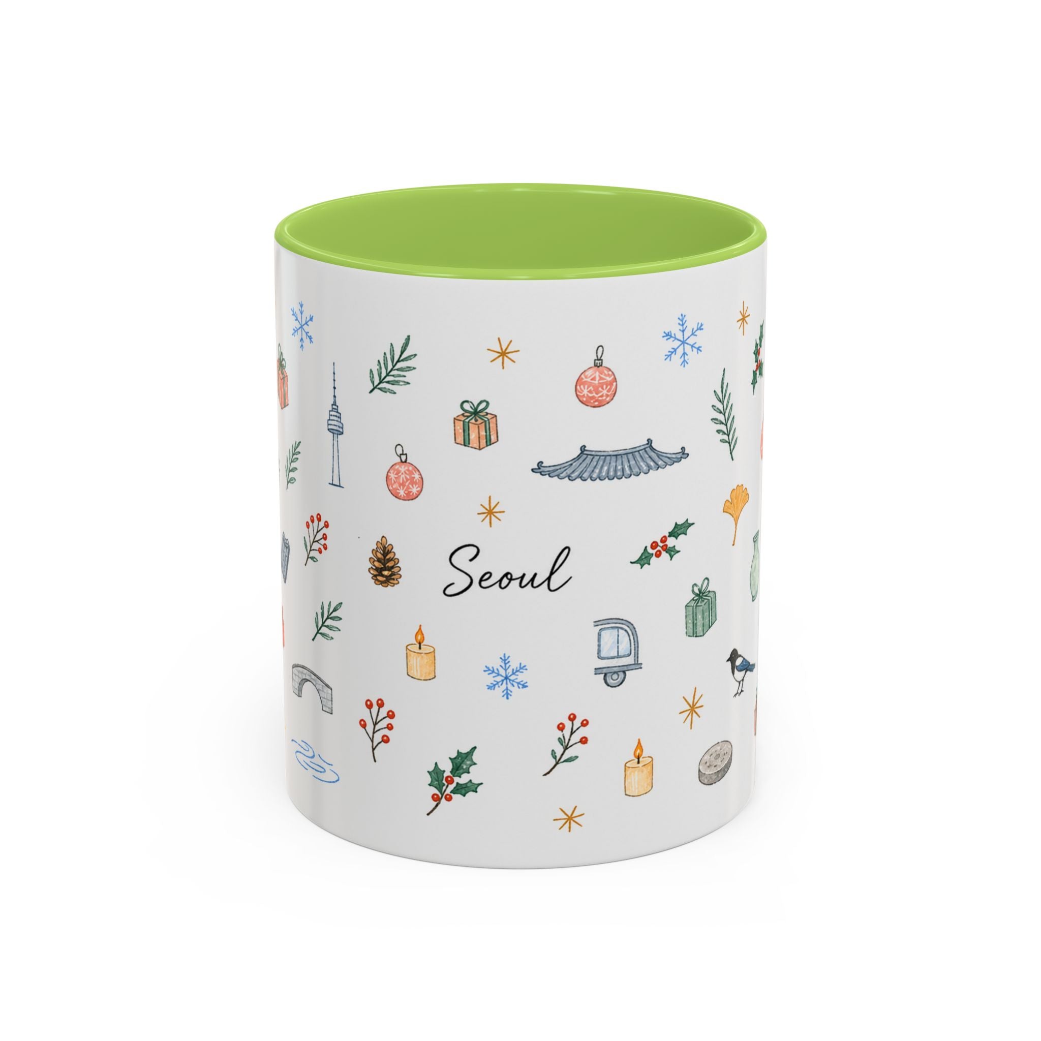 Seoul Christmas Mug | Watercolor Travel Souvenir | Holiday Gift | Accent Ceramic Coffee Cup 11oz 15oz