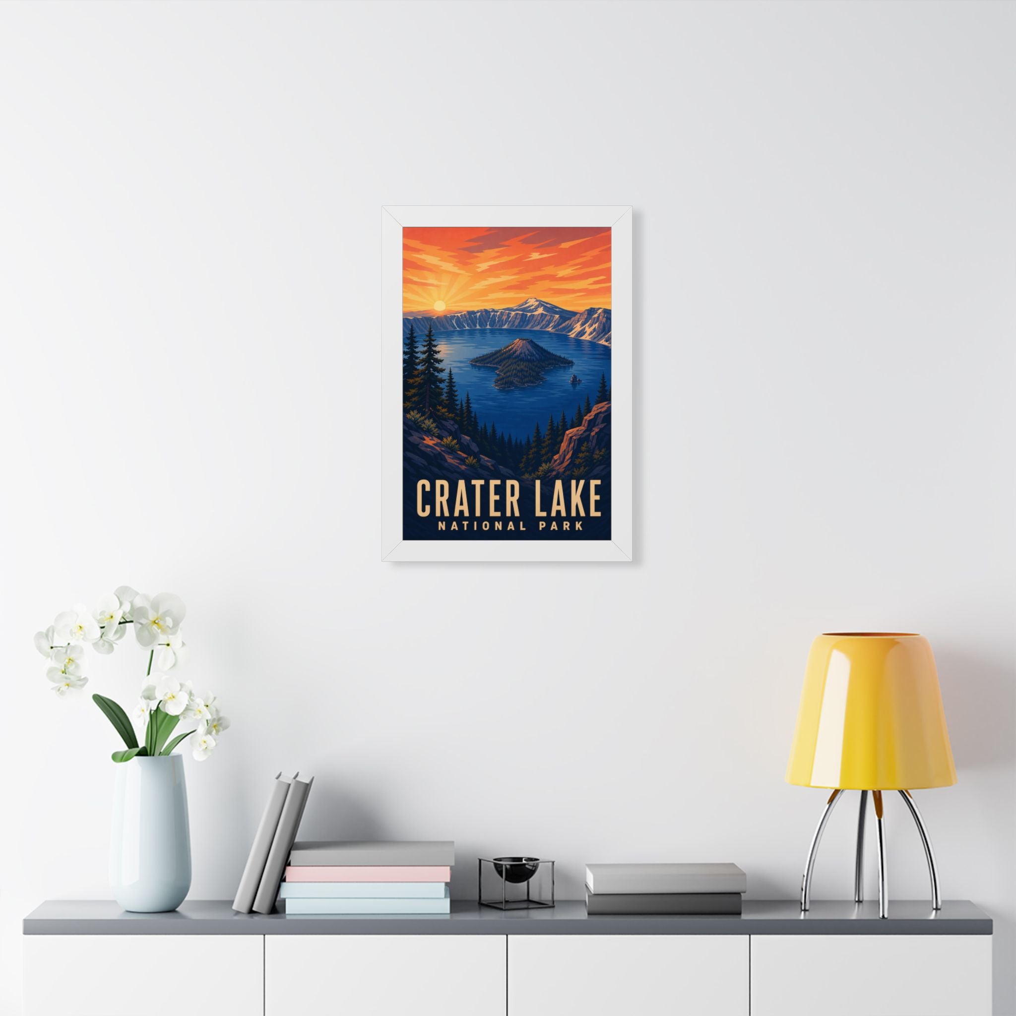Crater Lake National Park Framed Poster | Vintage Travel Wall Art | Black Walnut White Frame | 16x24 20x30