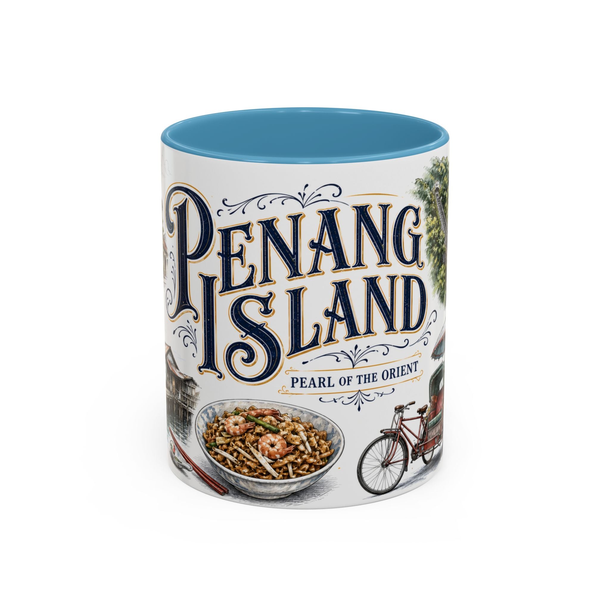 Penang Island Coffee Mug | Malaysia Travel Souvenir | Vintage Illustrated City Gift | 11 oz 15 oz Accent Mug