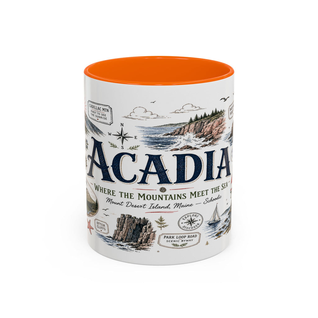 Acadia Coffee Mug | National Park Hiking Coastal Gift | Accent Color Ceramic 11oz 15oz