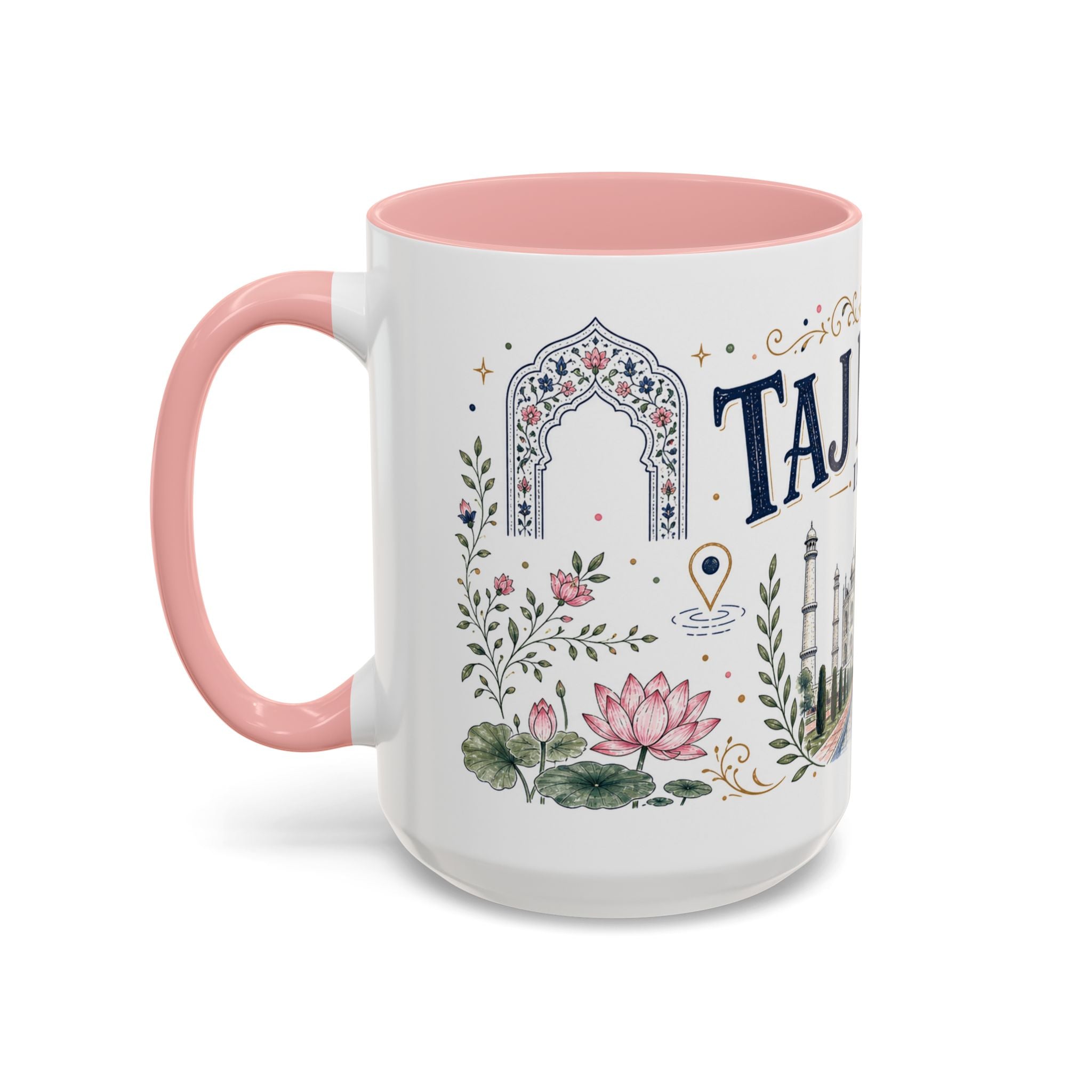 Taj Mahal Coffee Mug | Travel Destination Souvenir Gift | Accent Color Ceramic 11oz 15oz