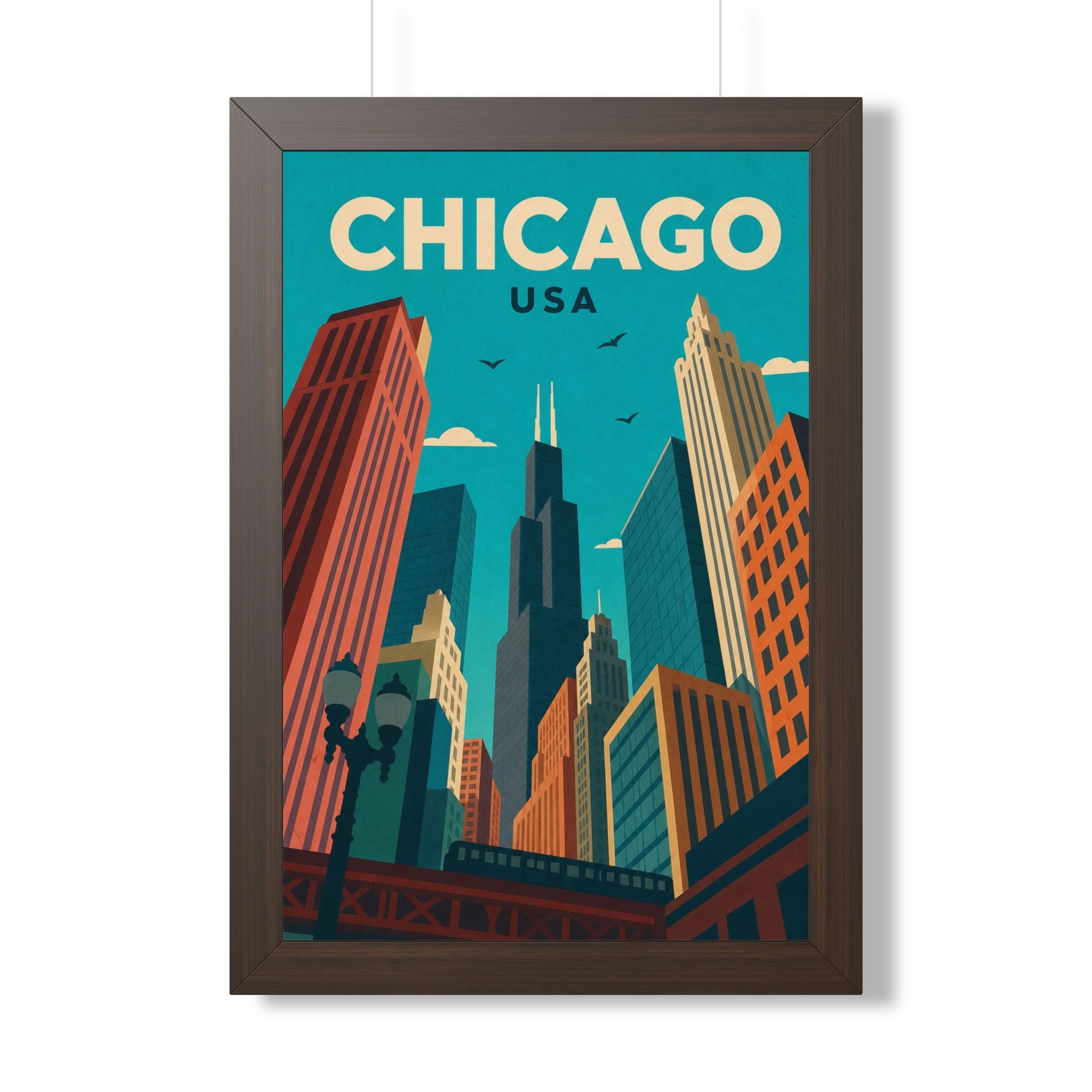 Chicago Downtown United States Framed Poster | Vintage Travel Wall Art | Black Walnut White Frame | 16x24 20x30