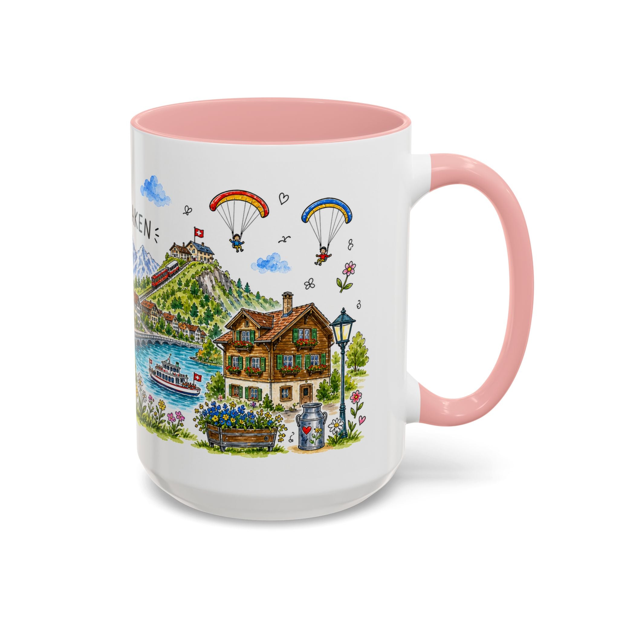 Interlaken Illustrated Travel Mug | Switzerland Souvenir Accent Coffee Mug | 11oz 15oz Ceramic Cup