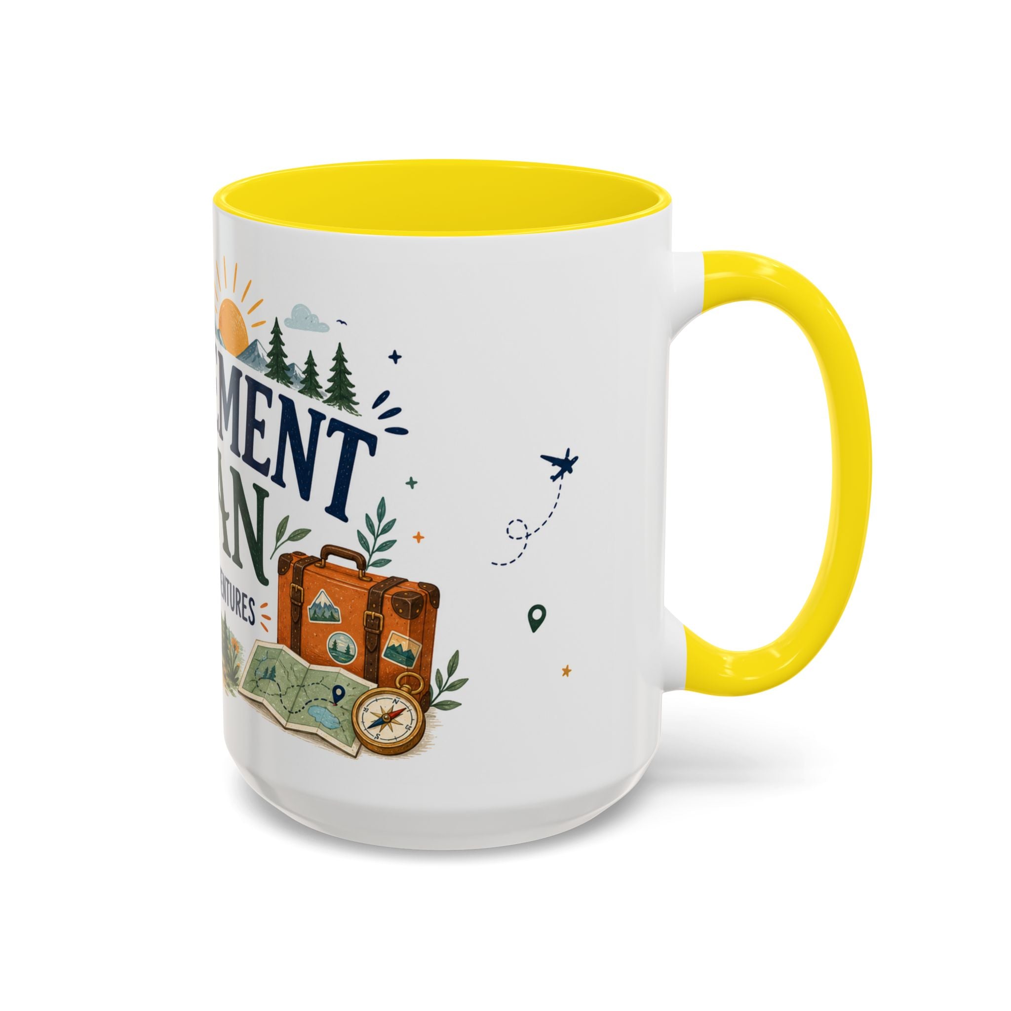 Retirement Plan Coffee And Adventures Mug | Travel Retirement Gift | Accent Color Ceramic 11oz 15oz