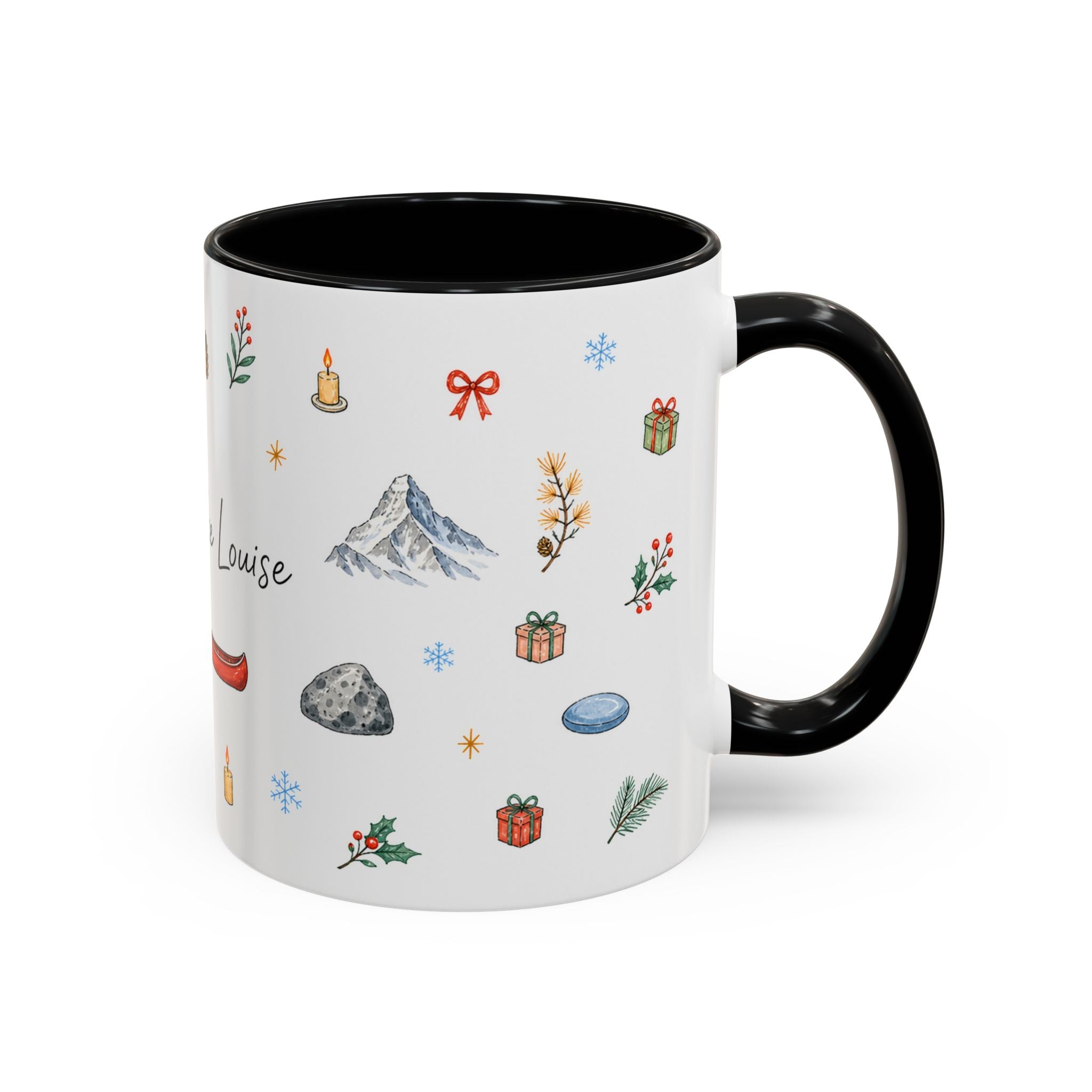 Banff Lake Louise Christmas Mug | Watercolor Travel Souvenir | Holiday Gift | Accent Ceramic Coffee Cup 11oz 15oz