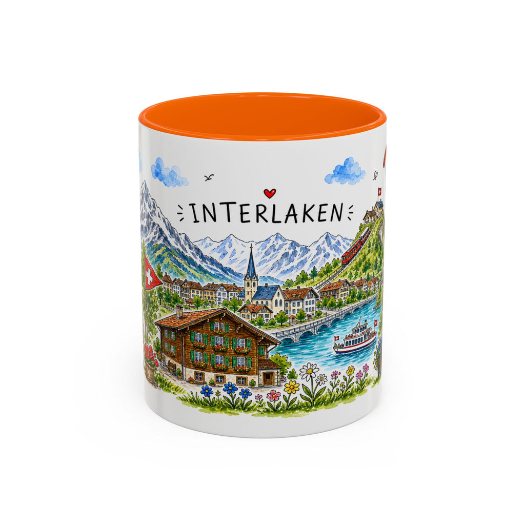 Interlaken Illustrated Travel Mug | Switzerland Souvenir Accent Coffee Mug | 11oz 15oz Ceramic Cup