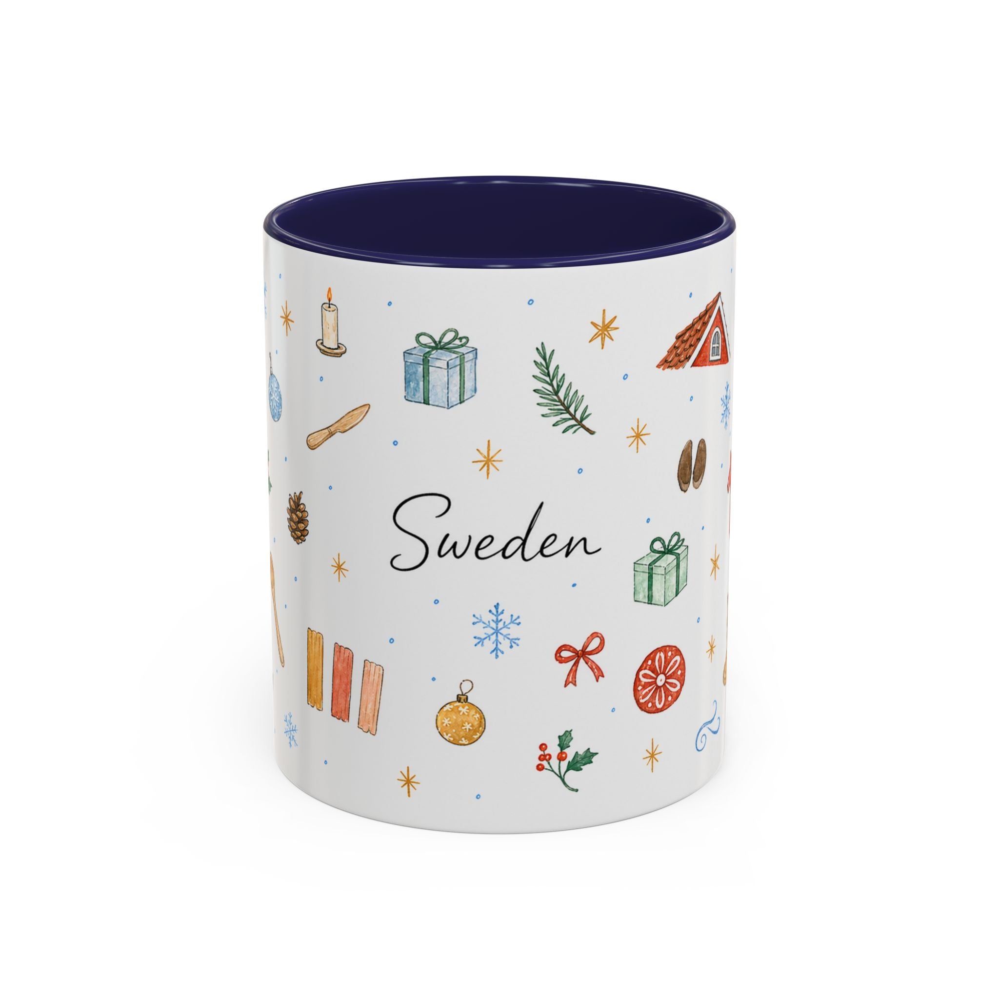 Sweden Christmas Mug | Watercolor Travel Souvenir | Holiday Gift | Accent Ceramic Coffee Cup 11oz 15oz