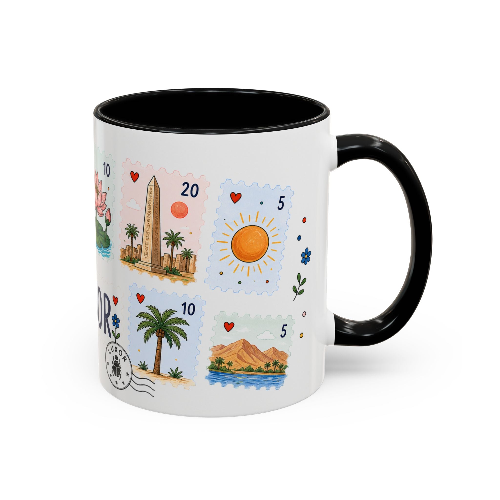 Luxor Coffee Mug | Postage Stamp Collage Mug | Travel Souvenir Accent Cup 11oz 15oz