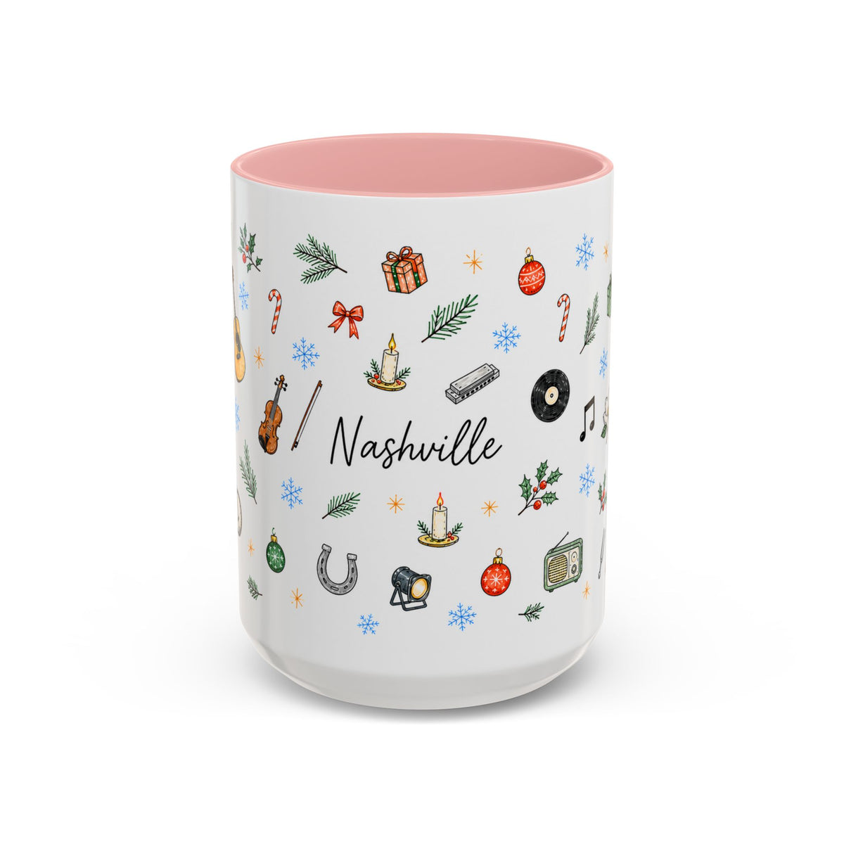 Nashville Christmas Mug | Watercolor City Souvenir, Acoustic Guitar, Harmonica (11oz 15oz)