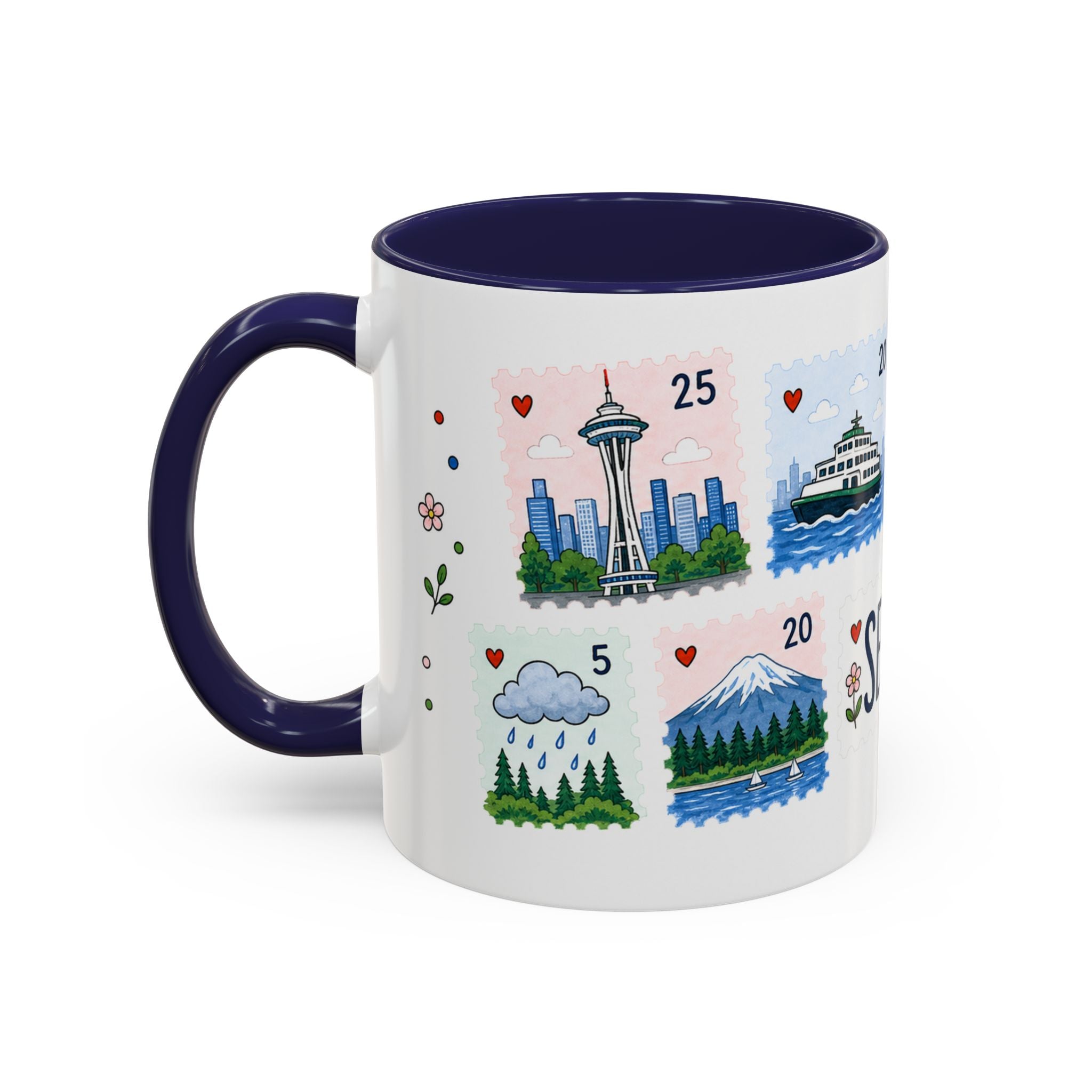 Seattle Coffee Mug | Postage Stamp Collage Mug | Travel Souvenir Accent Cup 11oz 15oz