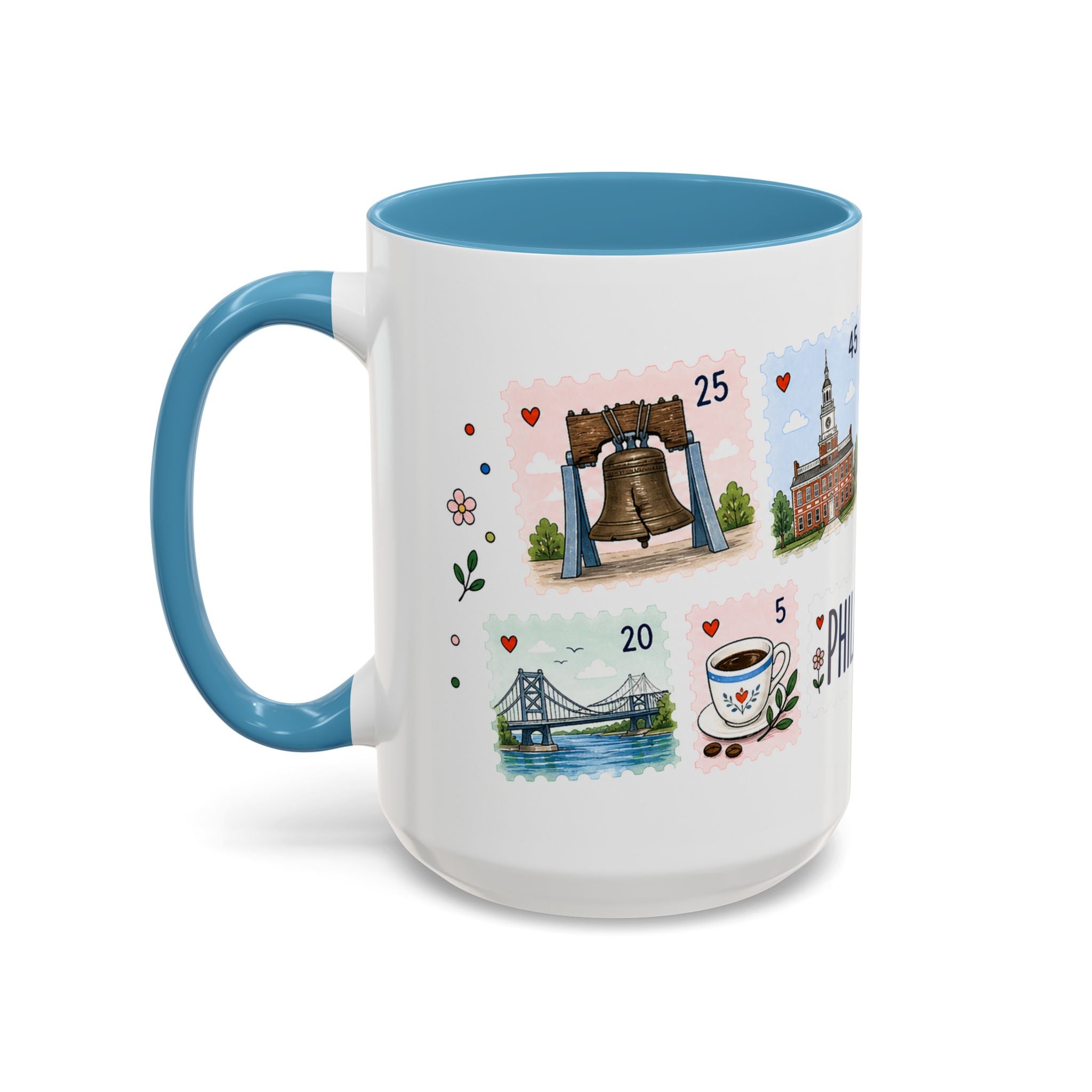 Philadelphia Coffee Mug | Postage Stamp Collage Mug | Travel Souvenir Accent Cup 11oz 15oz