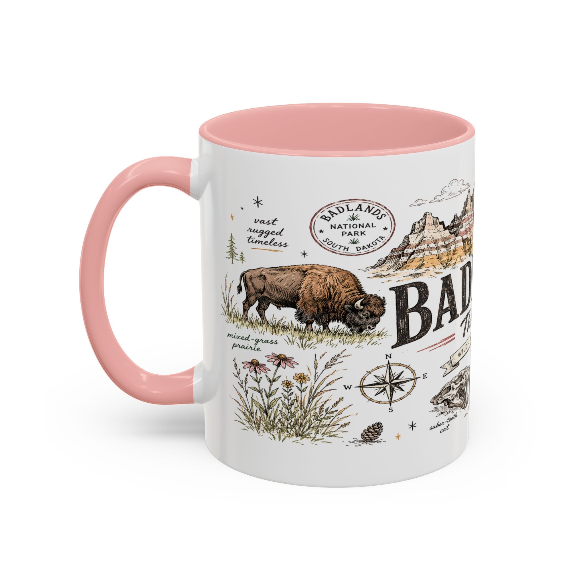 Badlands National Park Coffee Mug | South Dakota Prairie Fossil Hiking Gift | Accent Color Ceramic 11oz 15oz