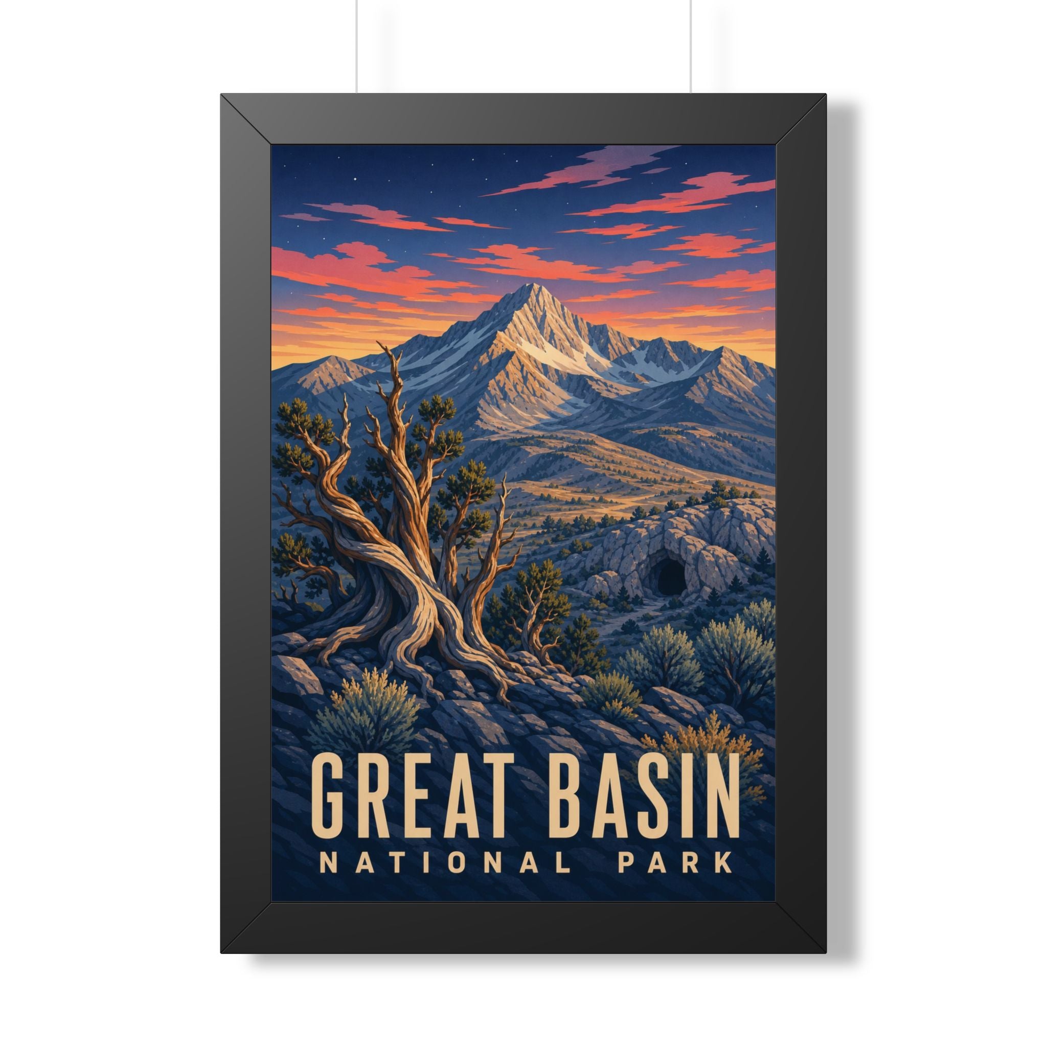 Great Basin National Park Framed Poster | Vintage Travel Wall Art | Black Walnut White Frame | 16x24 20x30