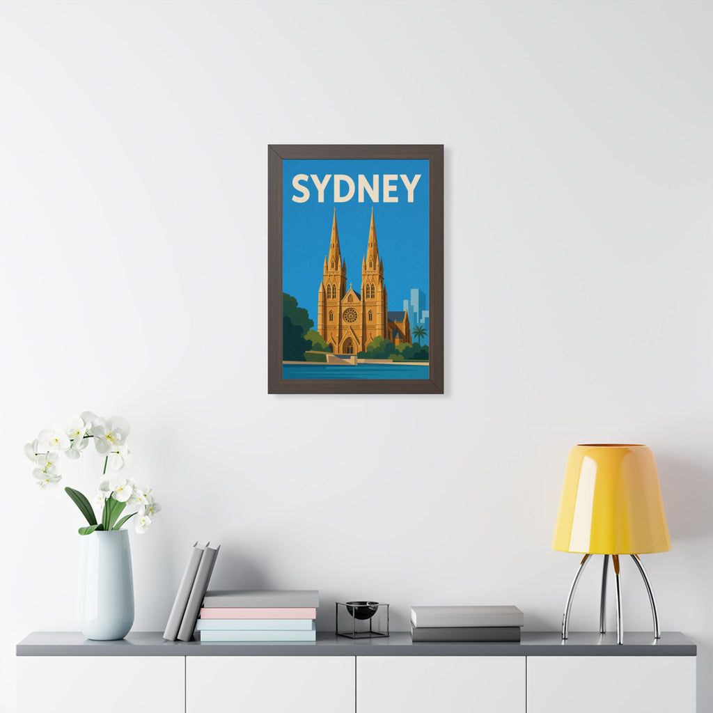 Sydney Cathedral Australia Framed Poster | Vintage Travel Wall Art | Black Walnut White Frame | 16x24 20x30