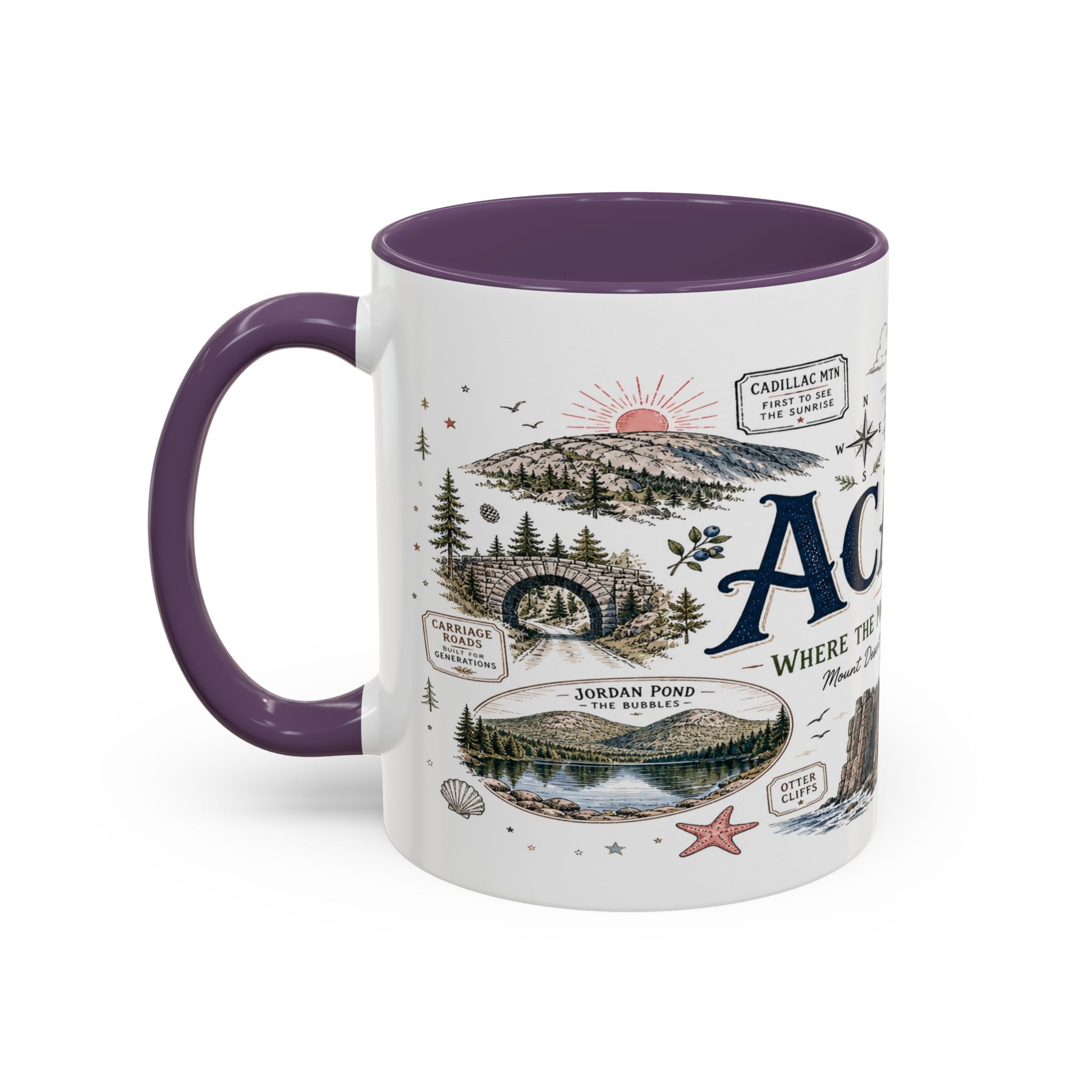 Acadia Coffee Mug | National Park Hiking Coastal Gift | Accent Color Ceramic 11oz 15oz