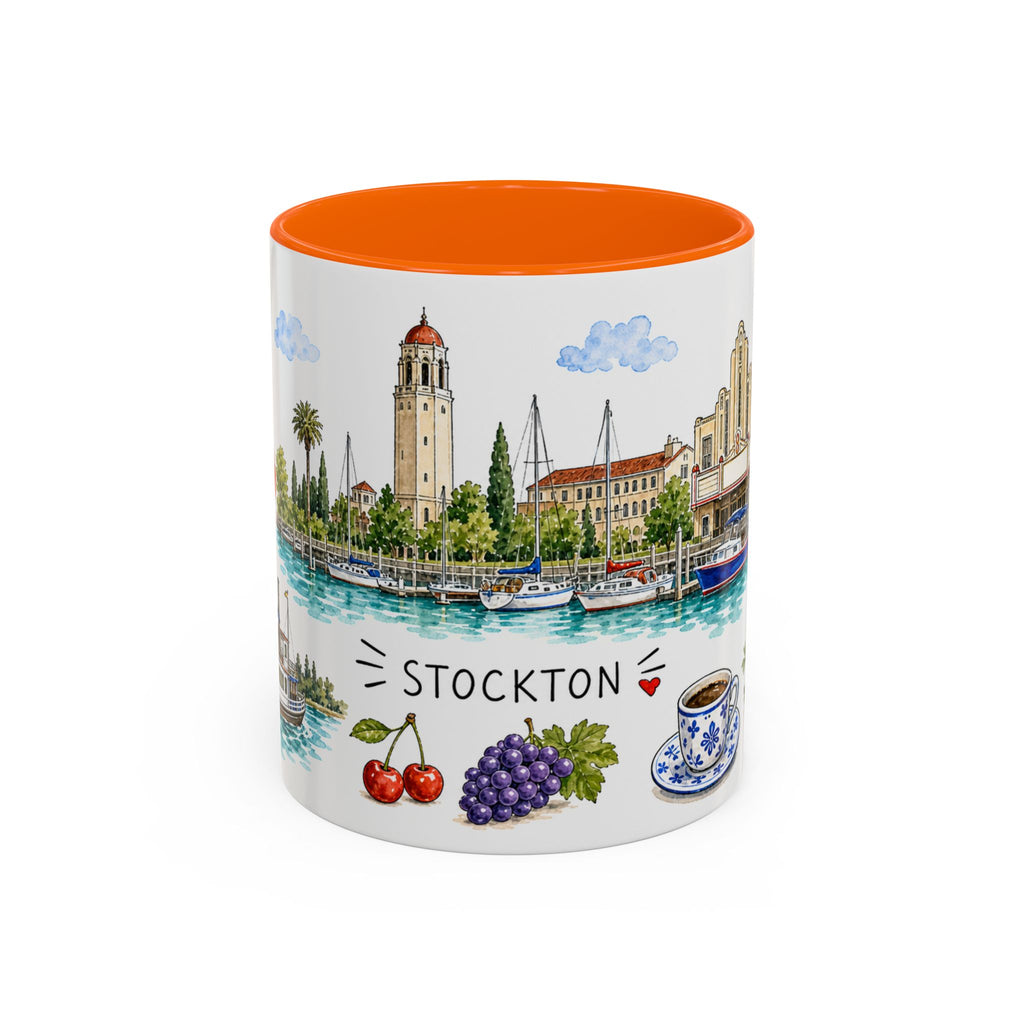 Stockton Illustrated Travel Mug | City Souvenir Accent Coffee Mug | 11oz 15oz Ceramic Cup