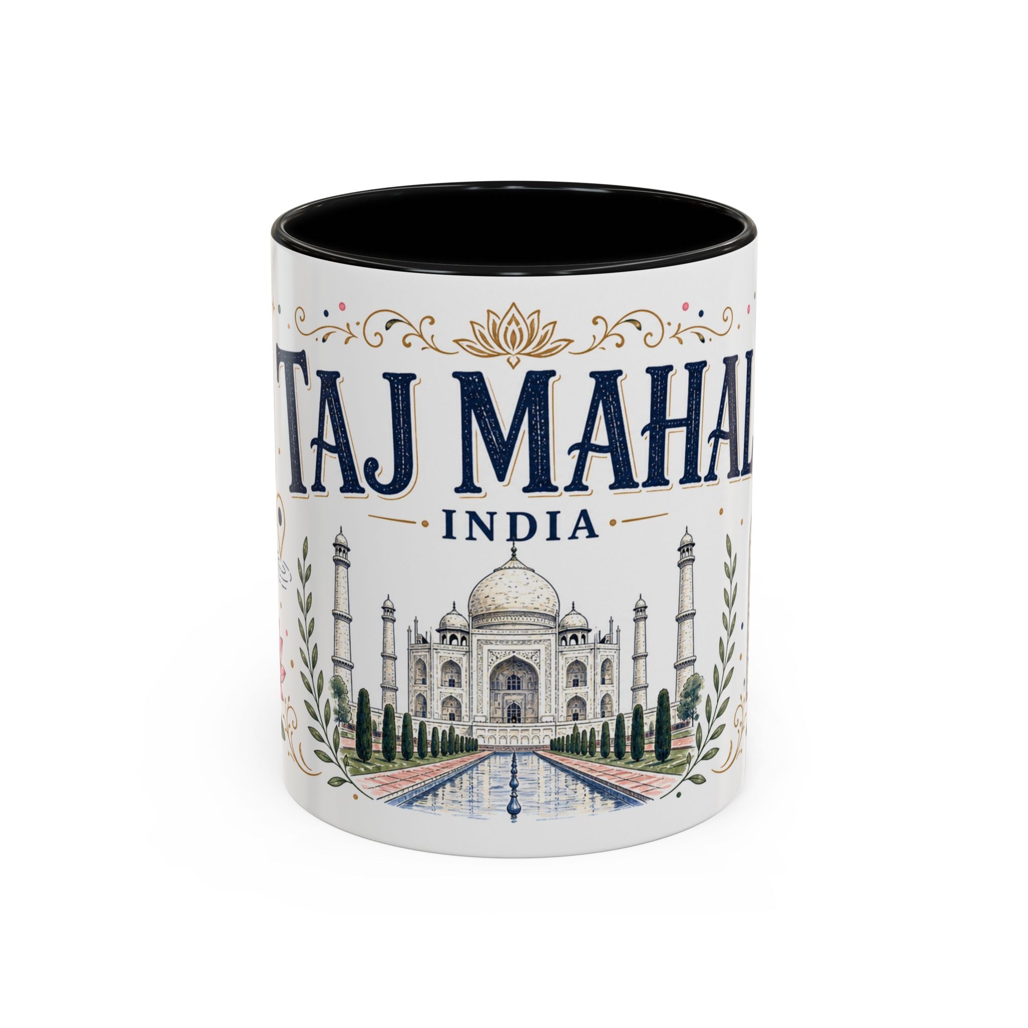 Taj Mahal Coffee Mug | Travel Destination Souvenir Gift | Accent Color Ceramic 11oz 15oz