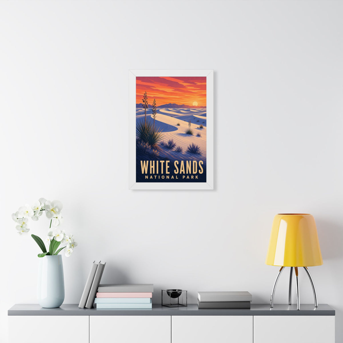 White Sands National Park Framed Poster | Vintage Travel Wall Art | Black Walnut White Frame | 16x24 20x30