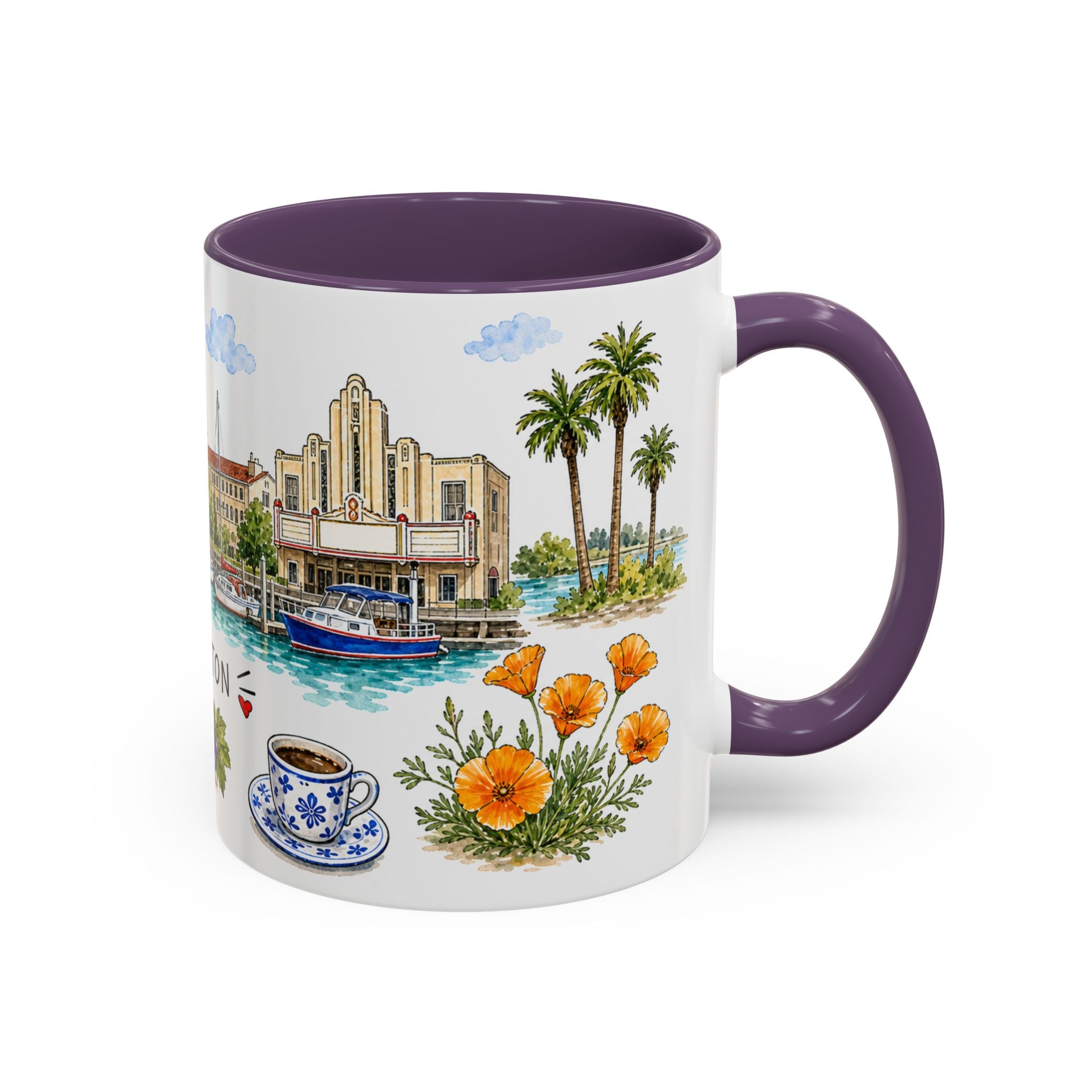 Stockton Illustrated Travel Mug | City Souvenir Accent Coffee Mug | 11oz 15oz Ceramic Cup