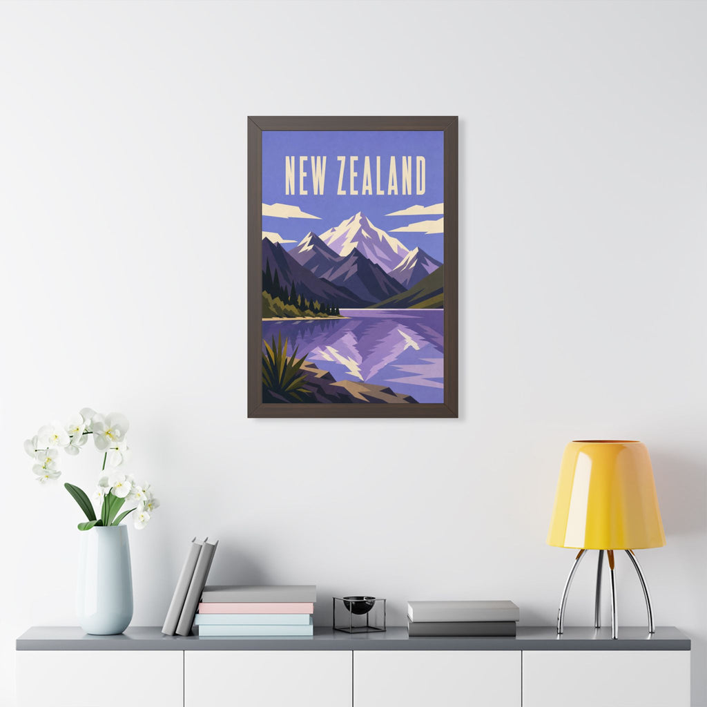 New Zealand Alps New Zealand Framed Poster | Vintage Travel Wall Art | Black Walnut White Frame | 16x24 20x30