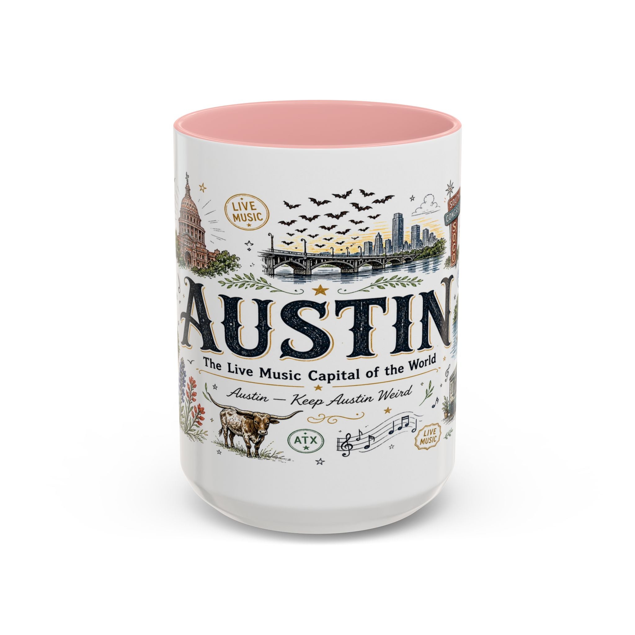 Austin Coffee Mug | Texas Souvenir City Gift | Accent Color Ceramic 11oz 15oz